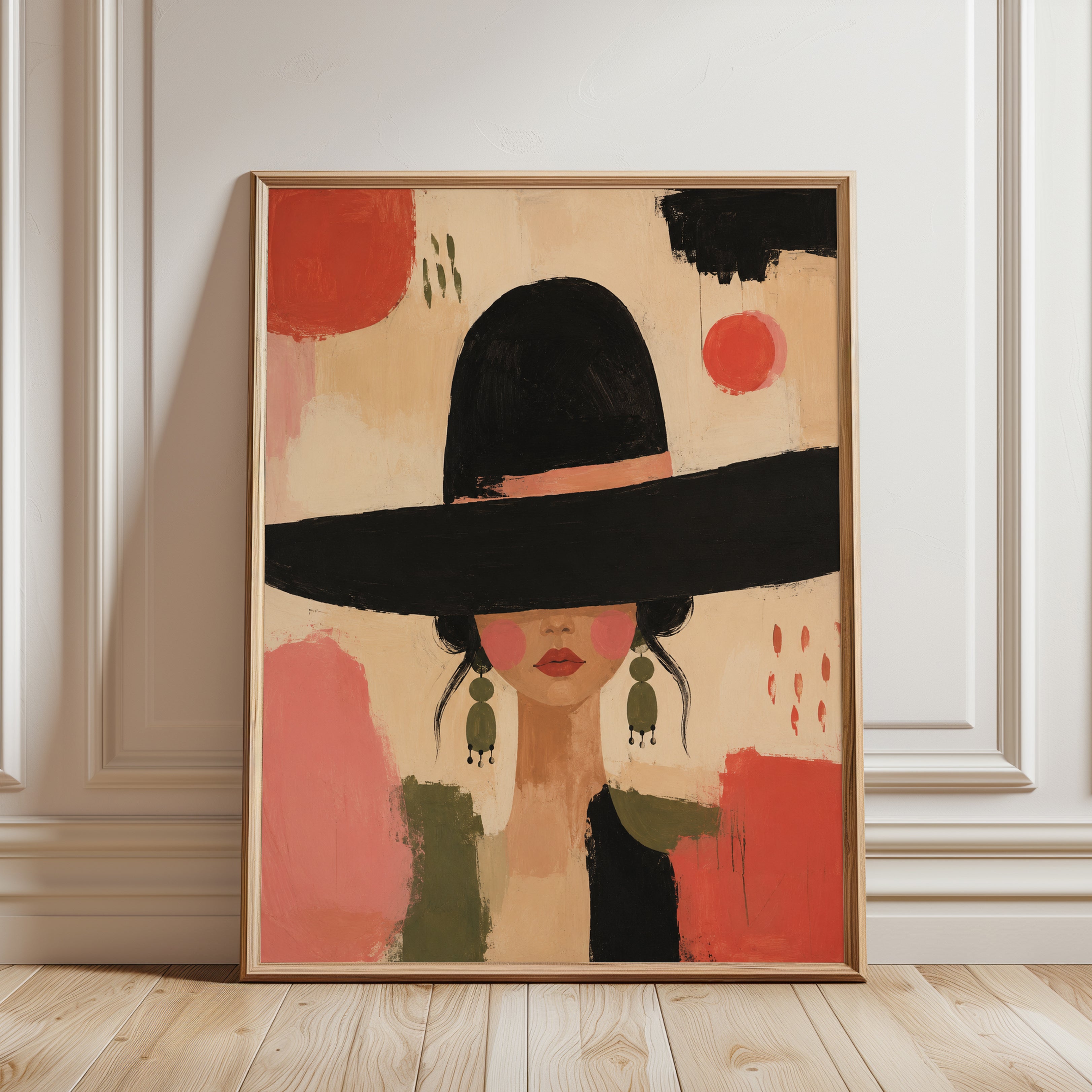 Woman in Black Hat Art Print: Modern Abstract Portrait - framed detail