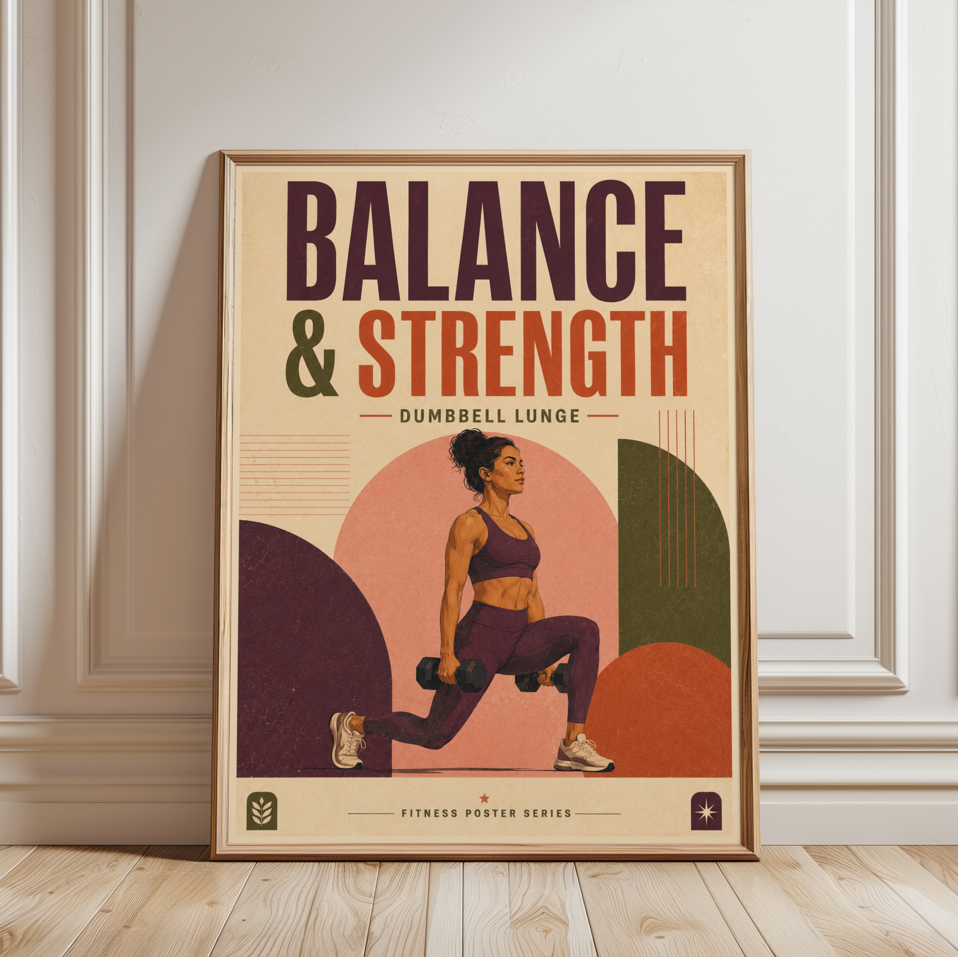Balance And Strength Fitness Poster: Retro Dumbbell Lunge Art - framed detail
