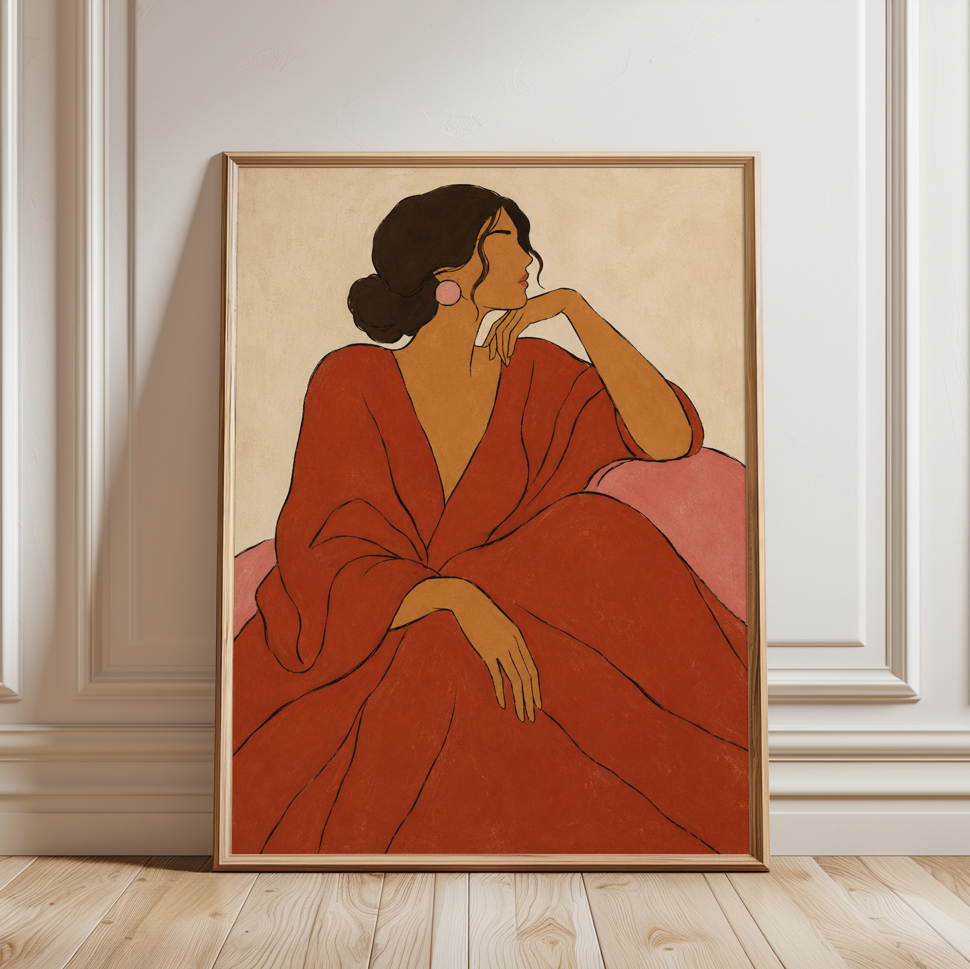 Art Deco Woman in Red: Minimalist Line Art Poster - framed detail