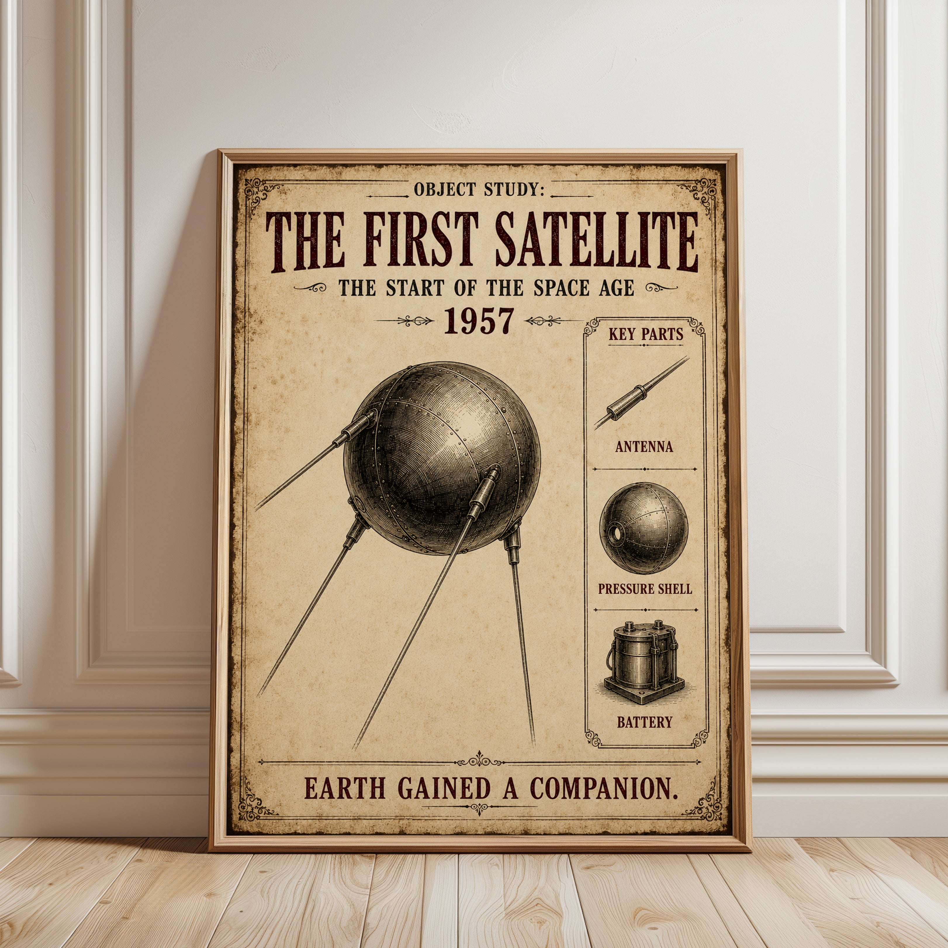 Sputnik Satellite Poster — Vintage Space Age Educational Print - framed detail