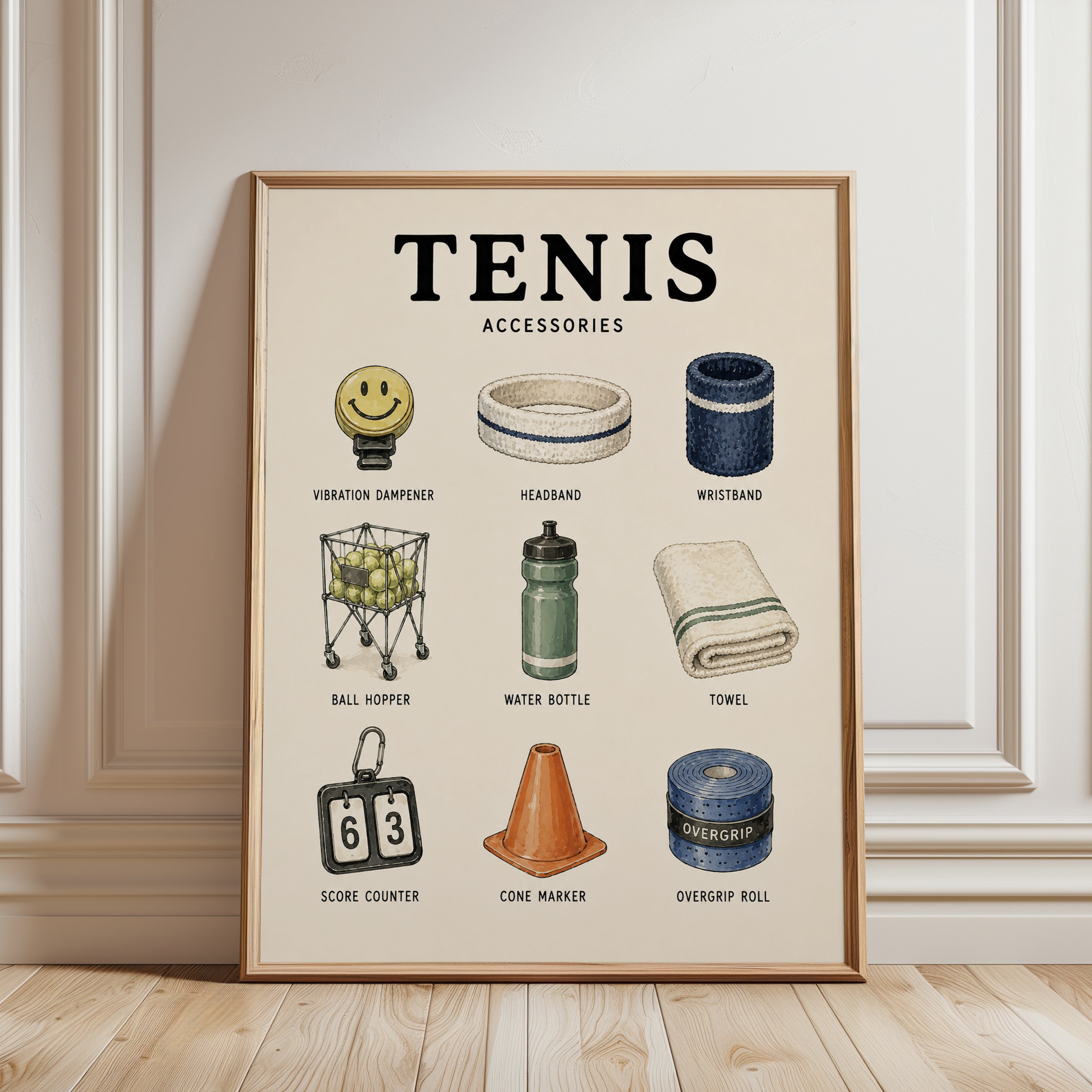 Tennis Accessories Print — Vintage Sports Illustration - framed detail