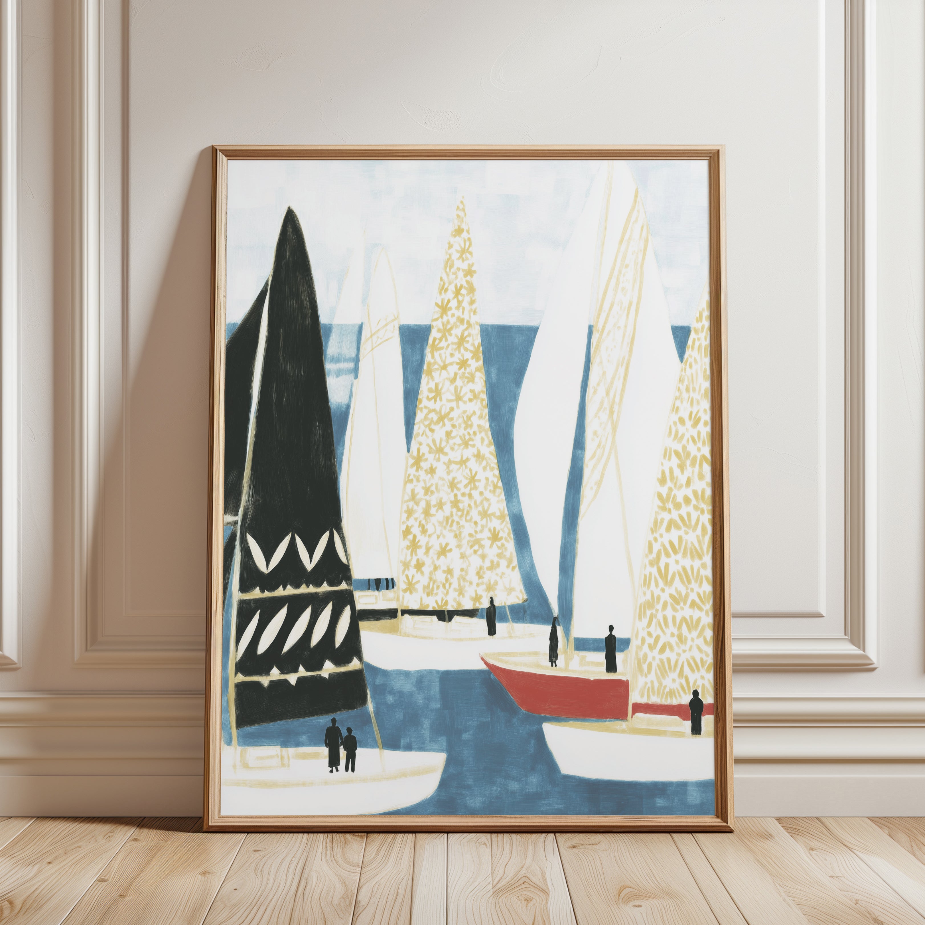 Nautical Sailboat Print: Coastal Wall Art (Mid-Century Modern Style) - framed detail