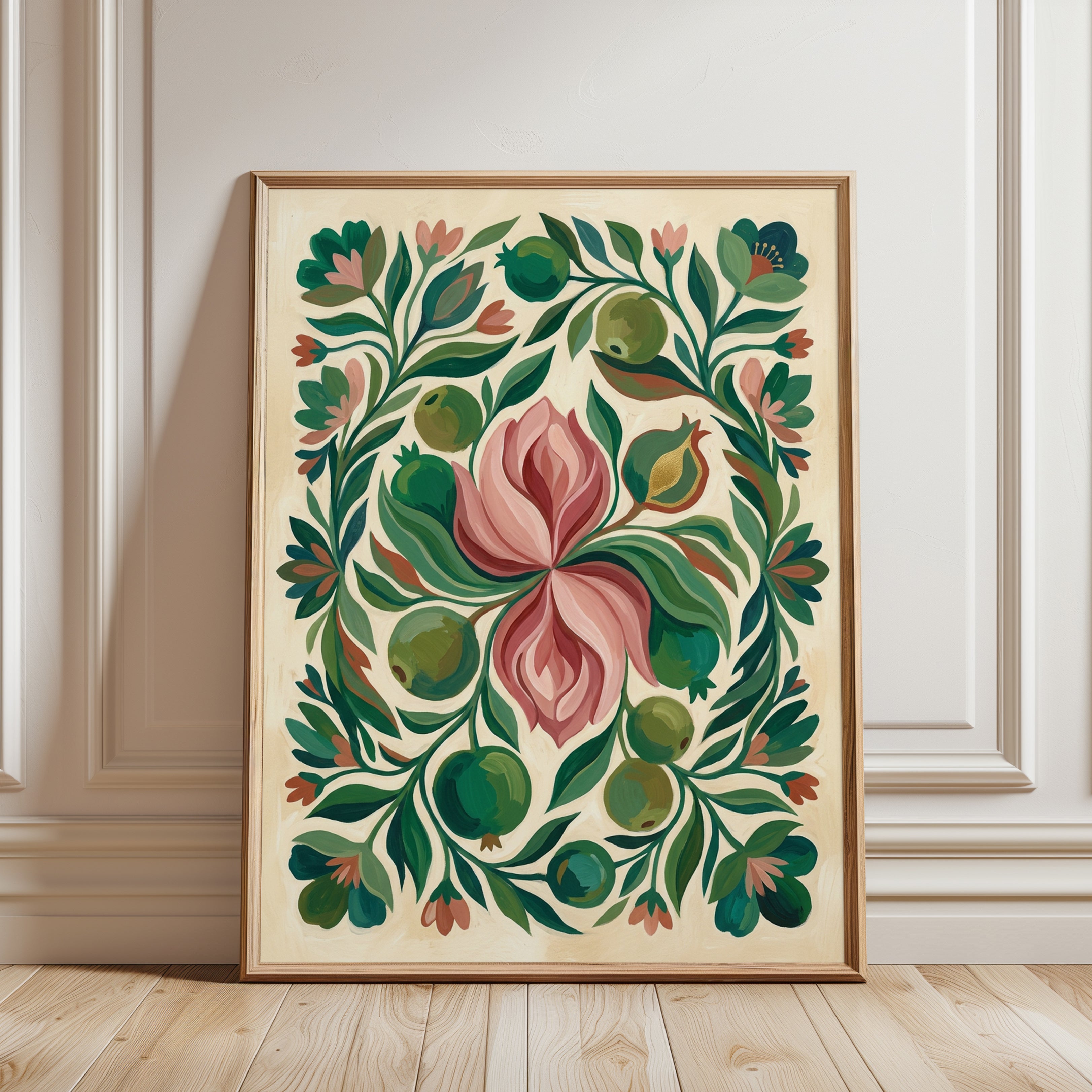 Folk Art Botanical Print: Pink Tulip and Green Pomegranate Design - framed detail