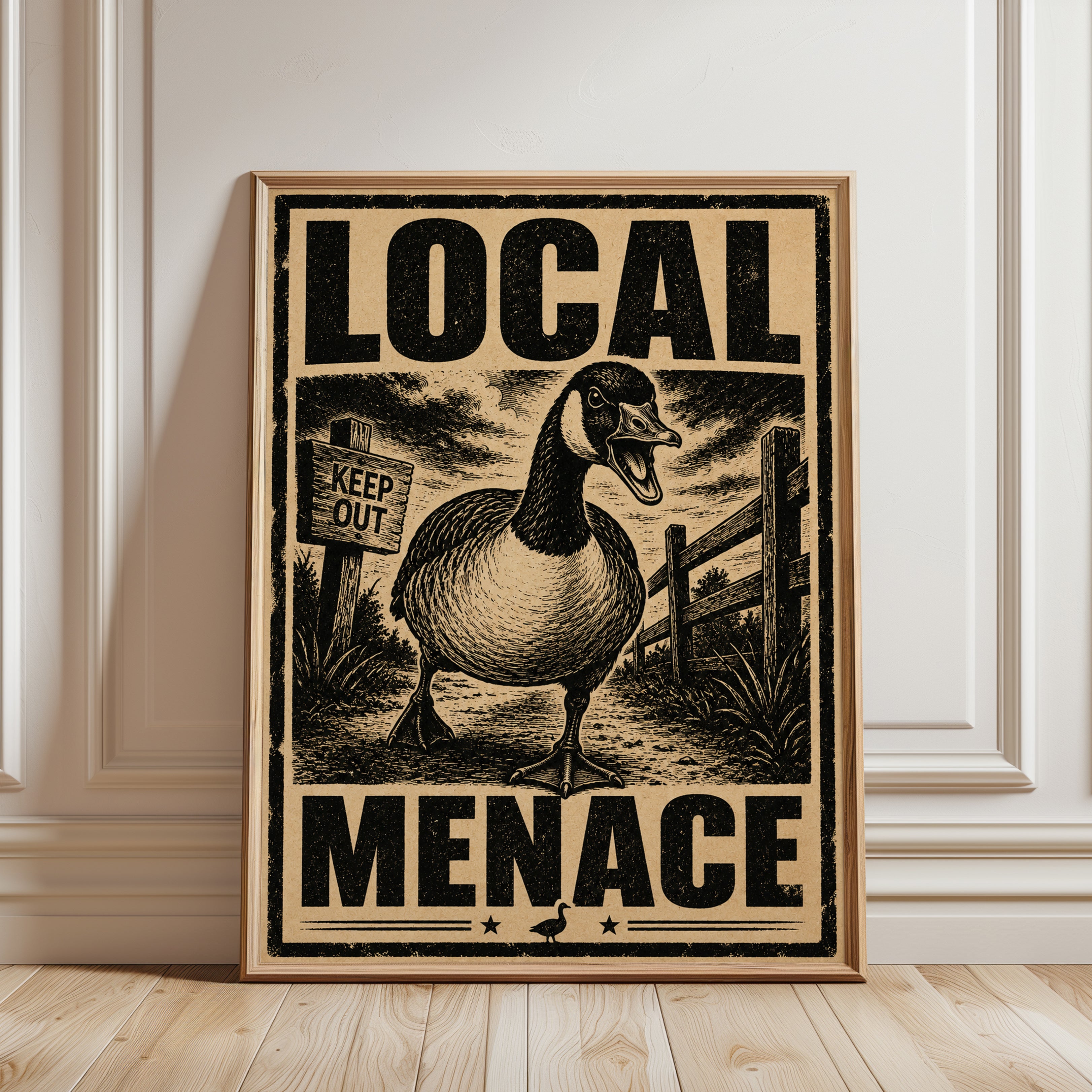 Local Menace Goose Print: Vintage Propaganda Poster Art - framed detail