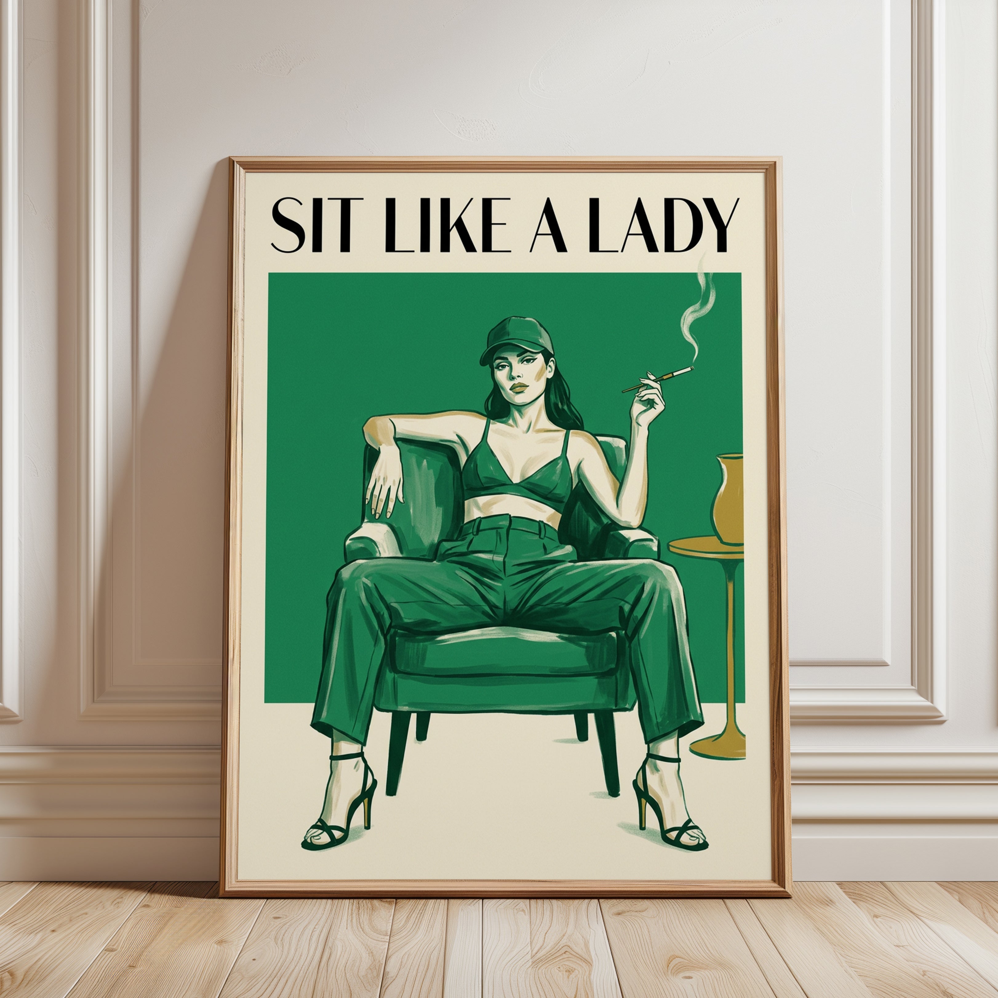 Sit Like A Lady Print: Feminist Retro Wall Art - framed detail