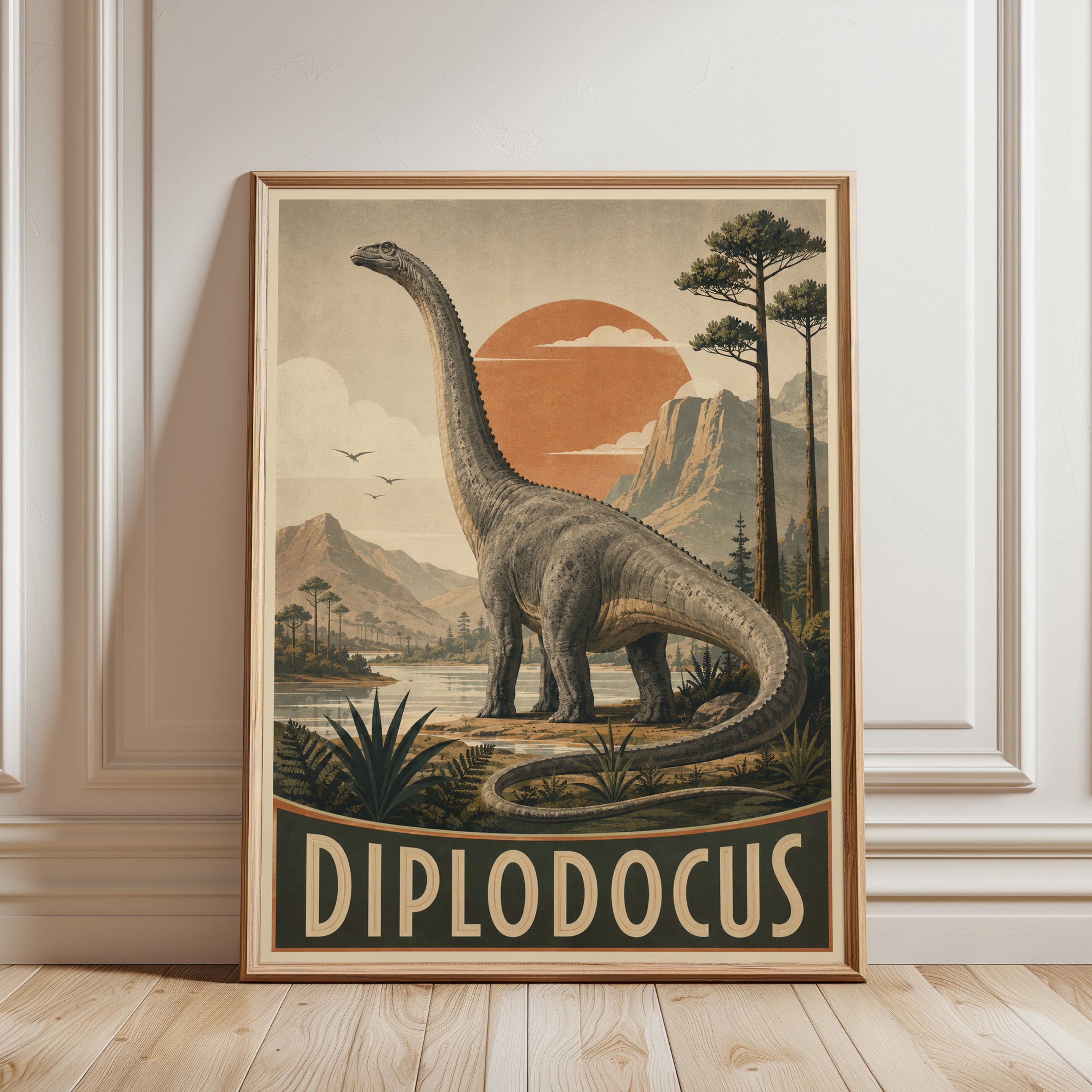 Diplodocus Dinosaur Print: Vintage Natural History Art for Kids - framed detail