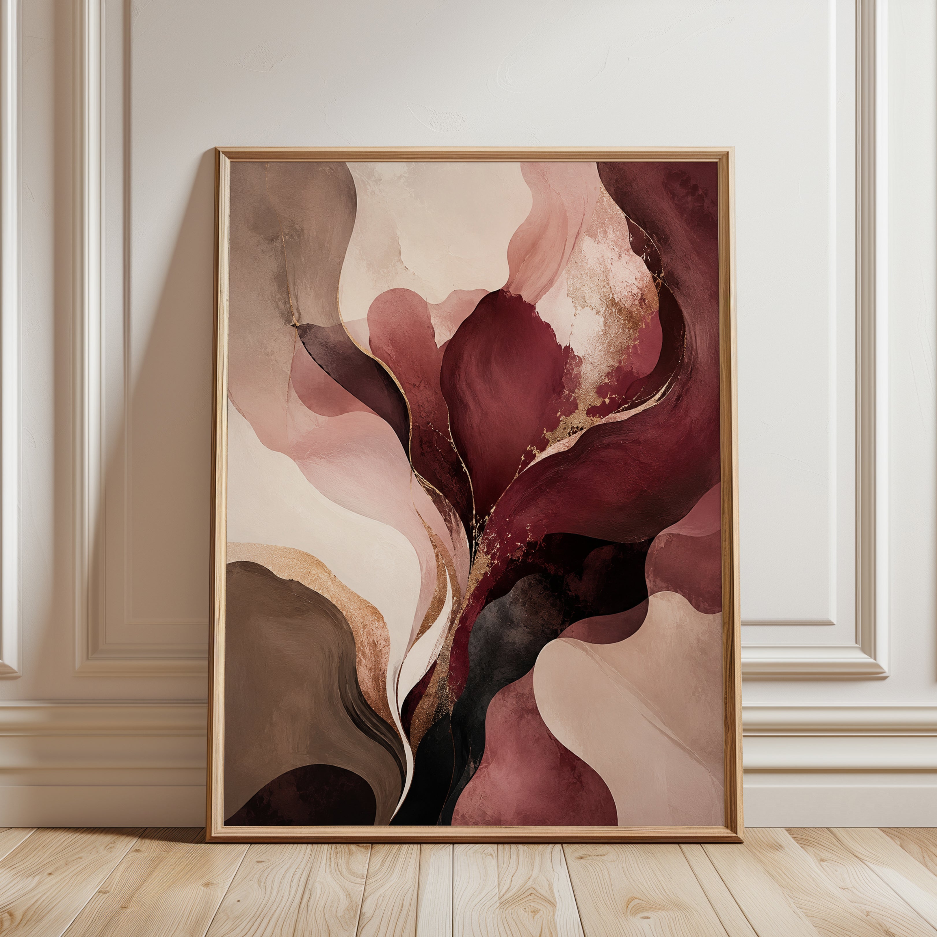 Abstract Floral Wall Art – Burgundy Pink Print - framed detail