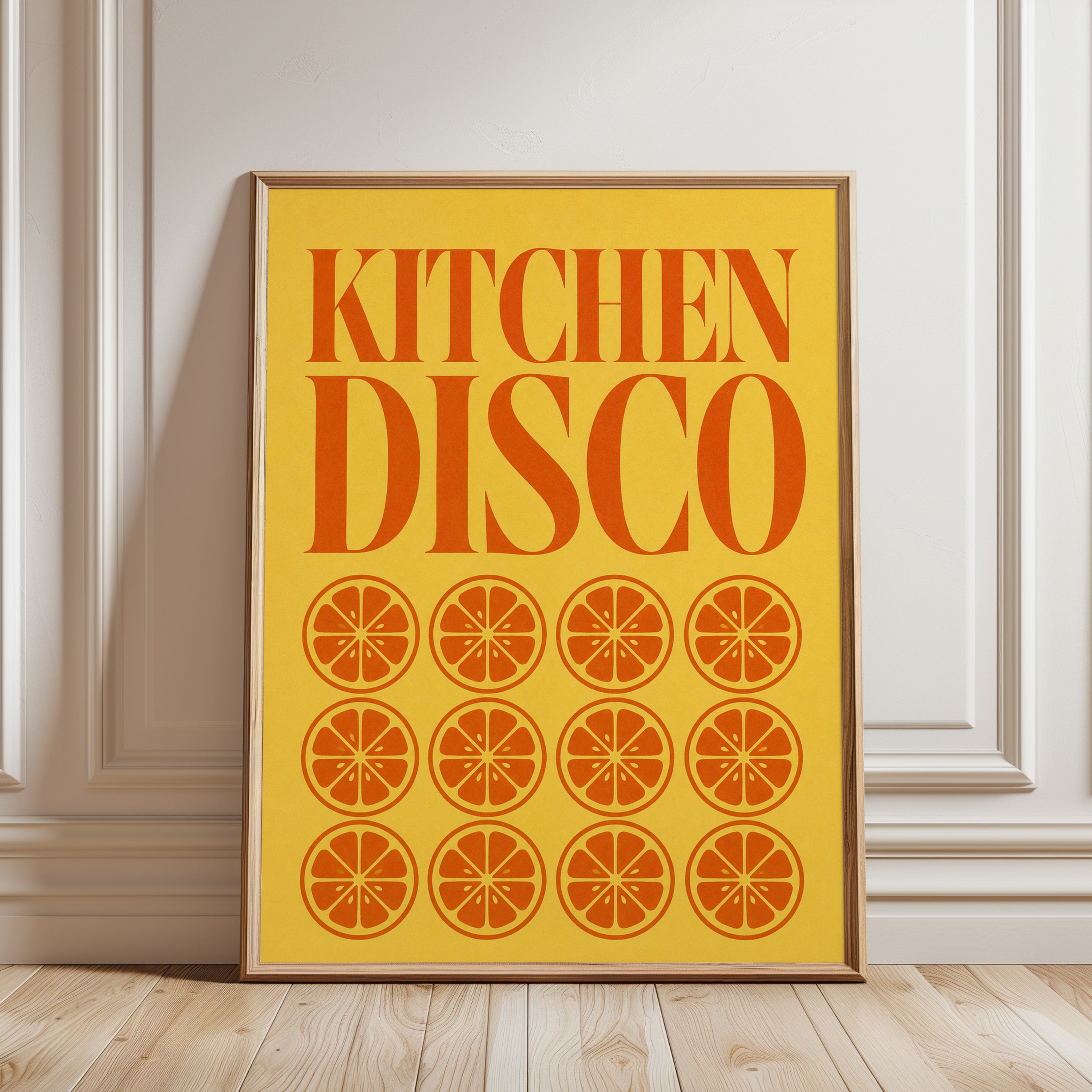 Kitchen Disco Print: Retro 70s Typography with Orange Slices - framed detail