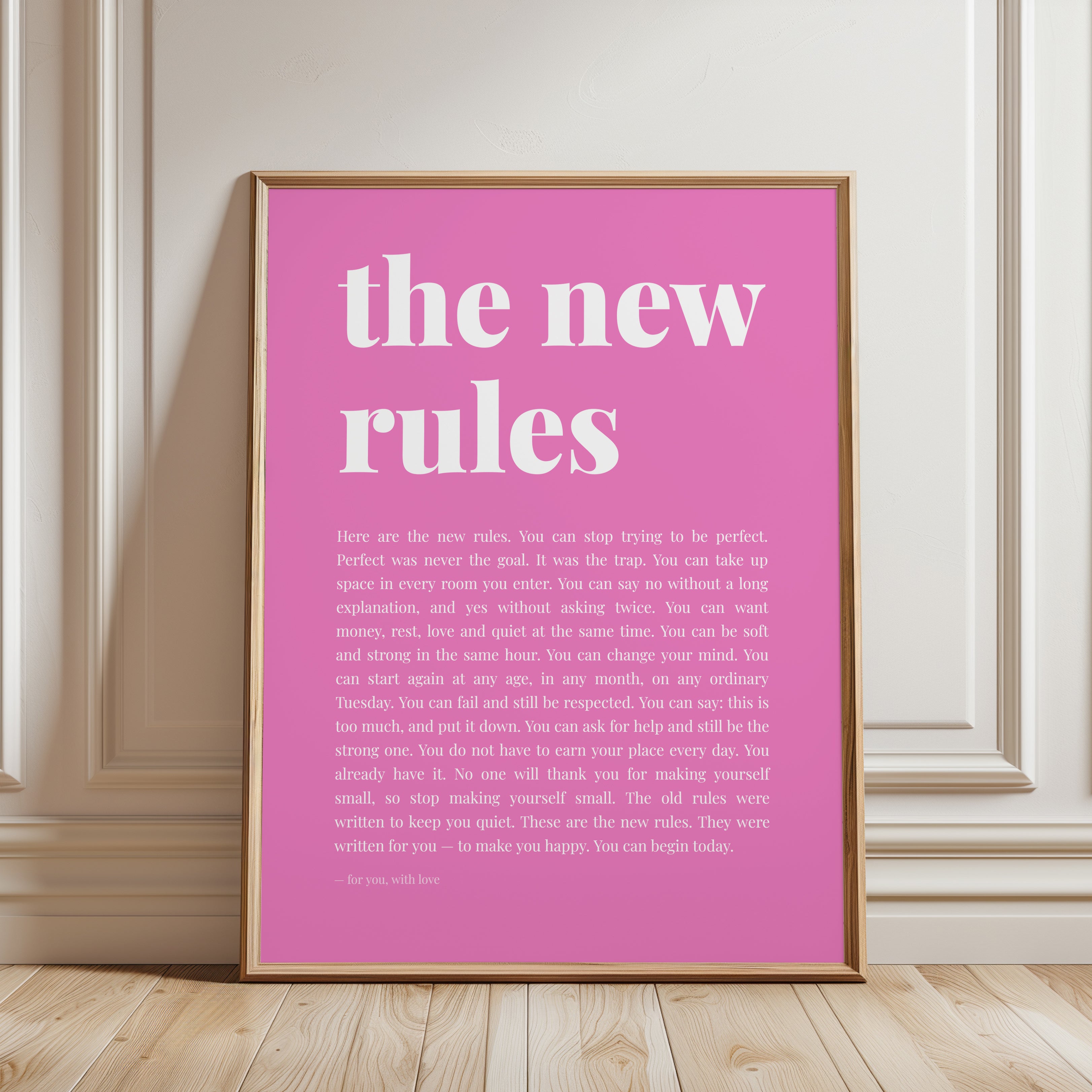 The New Rules Typography Print: Pink Motivational Wall Art - framed detail