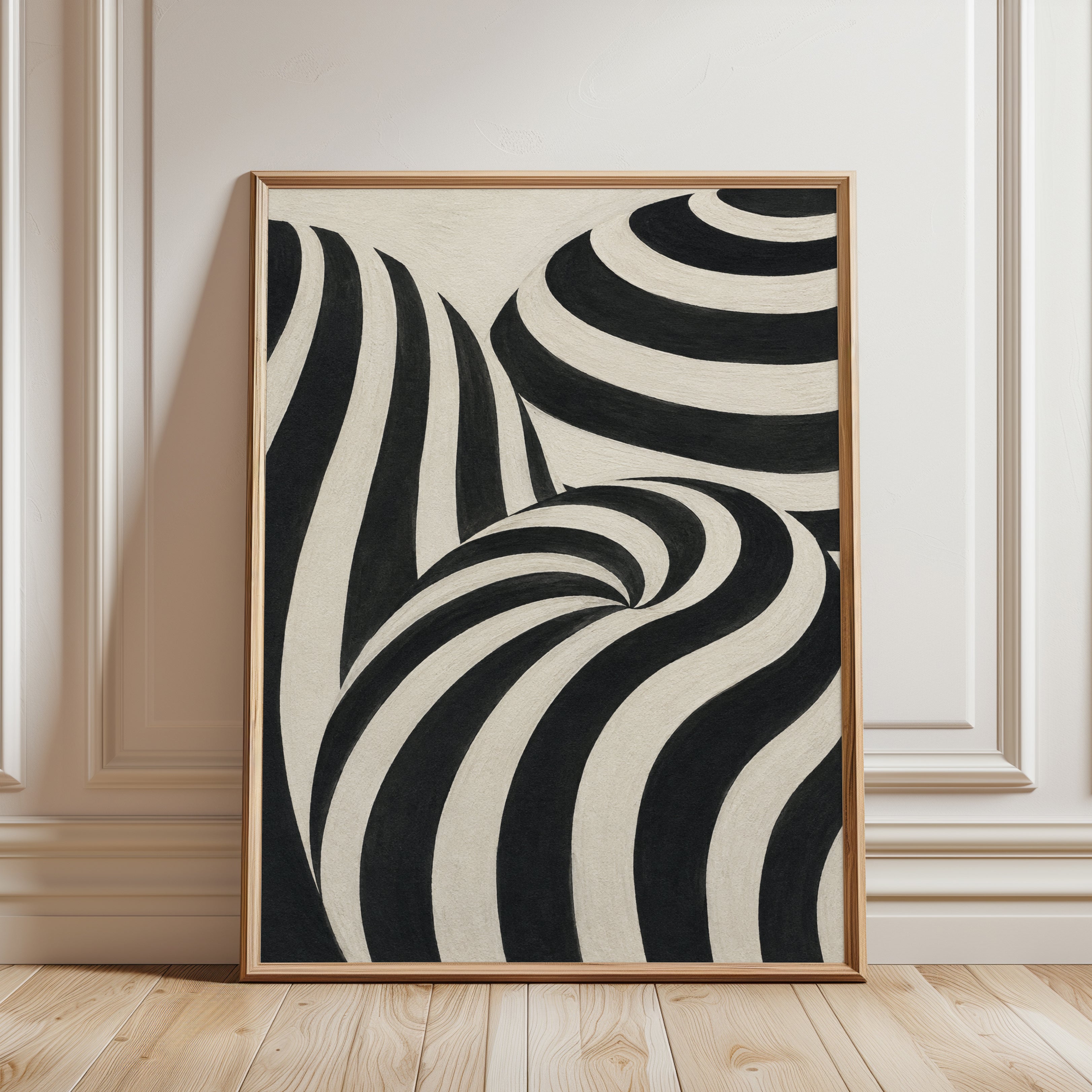 Abstract Curved Stripes Wall Art: Op Art Black And White Print - framed detail