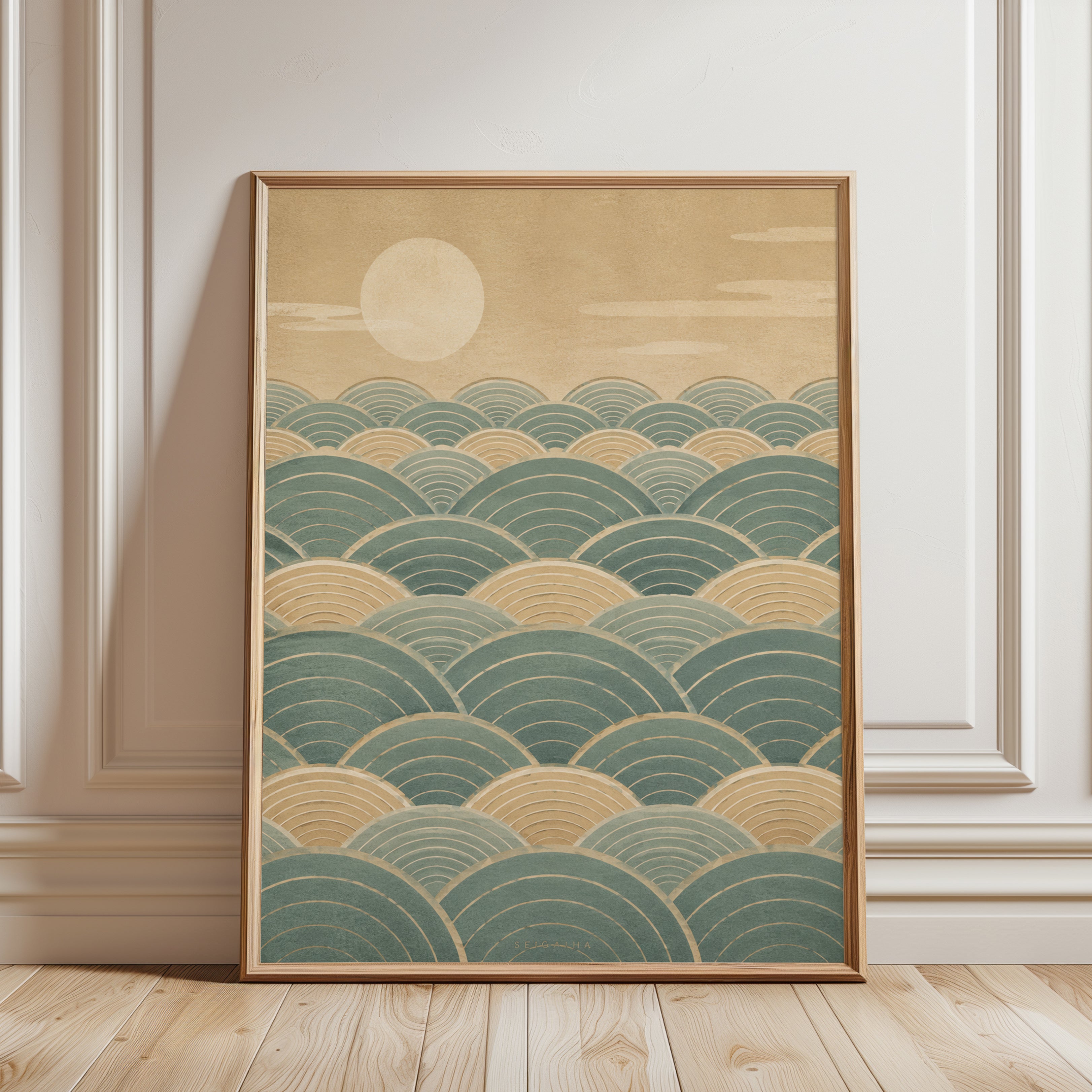 Seigaiha Wave Art Print: Minimalist Coastal Design - framed detail