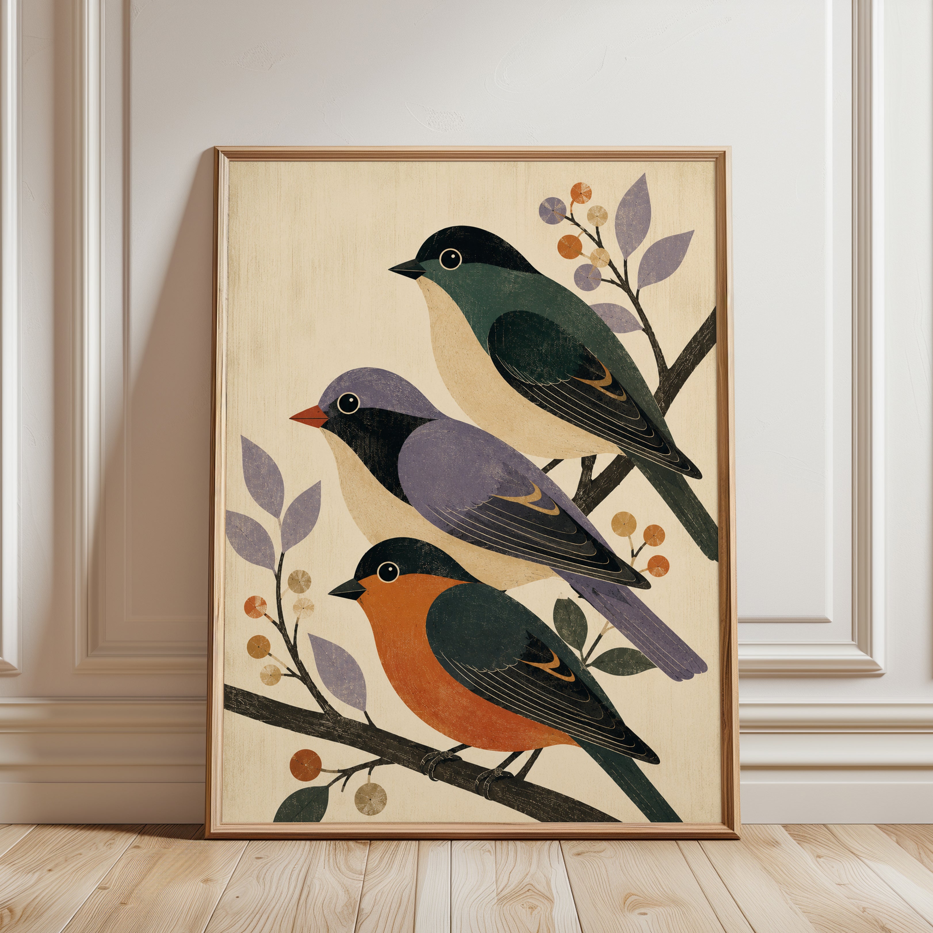 Three Birds on Branches Wall Art: Mid-Century Folk Design - framed detail