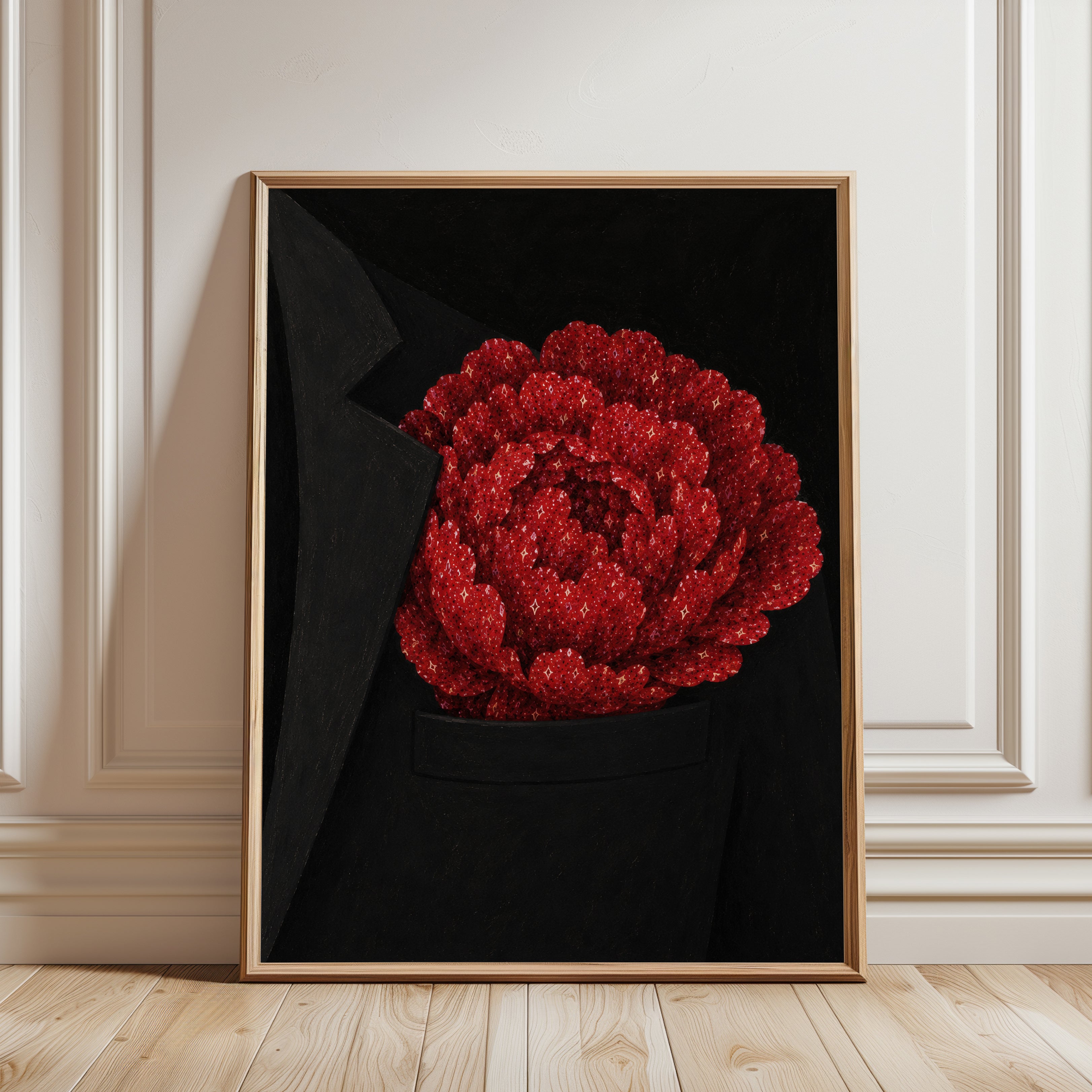 Red Crystal Flower Art Print: Glittering Peony on Black - framed detail
