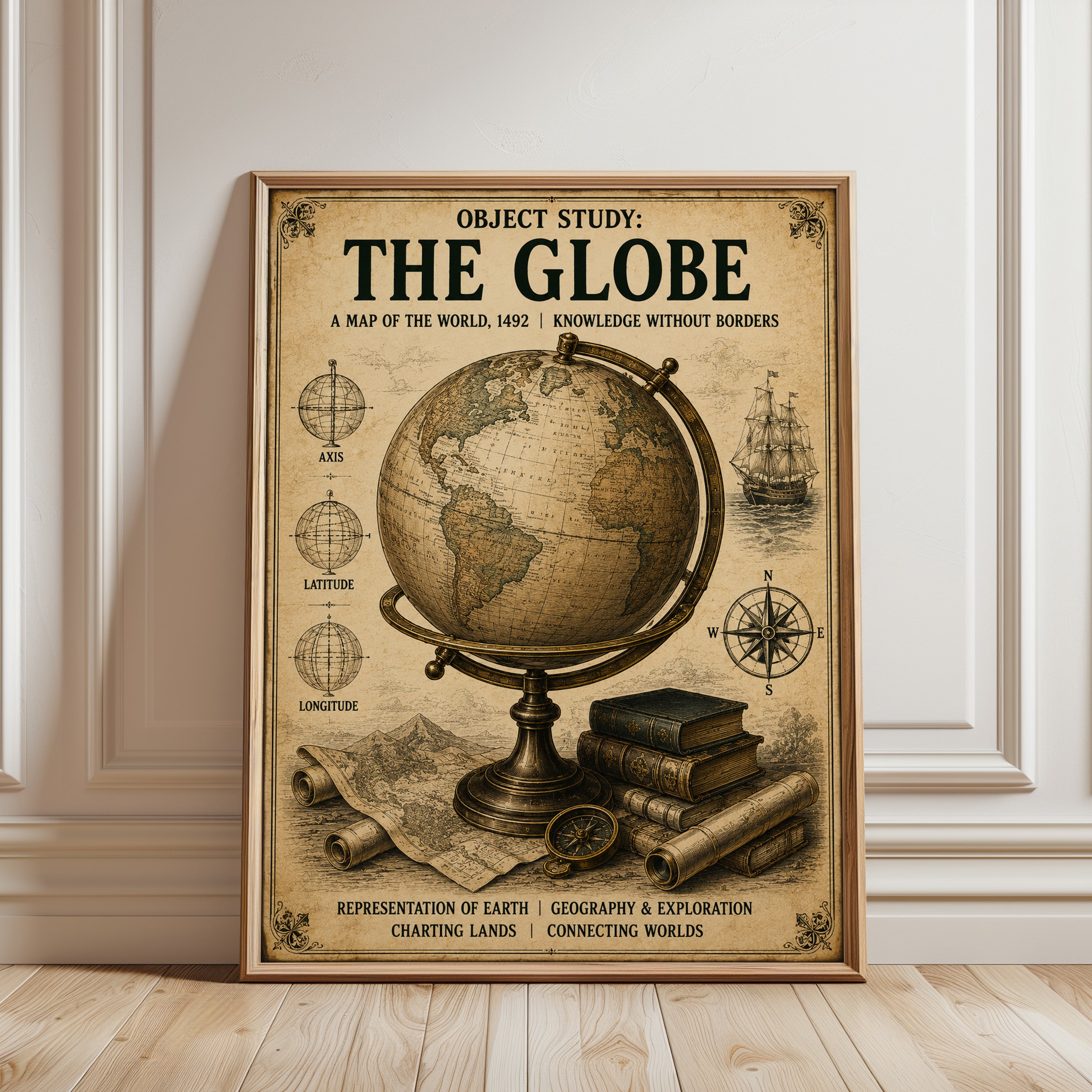 Vintage Globe and Maps Art Print: 1492 Exploration Theme - framed detail