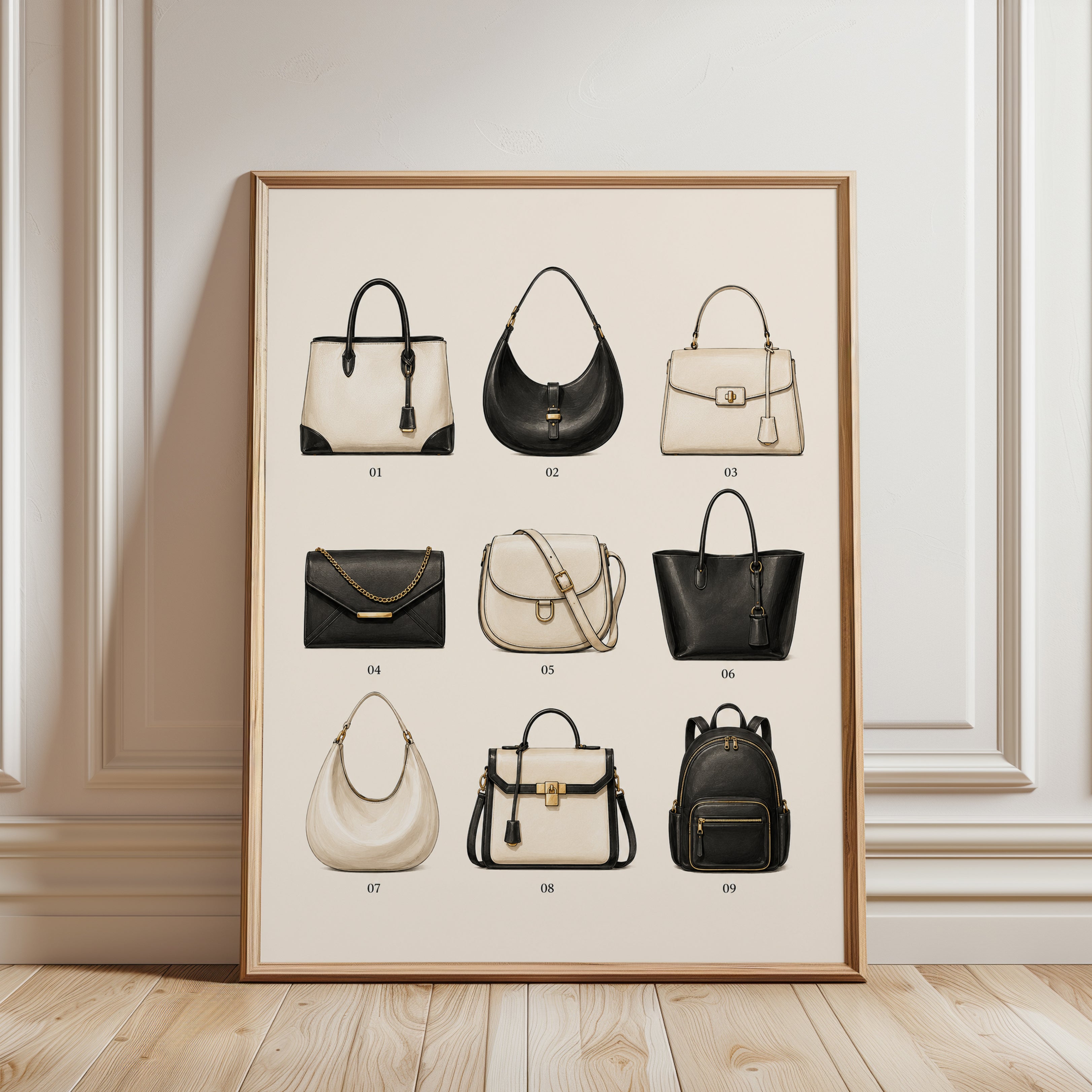 Luxury Handbag Collection Print: Fashion Illustration Wall Art - framed detail