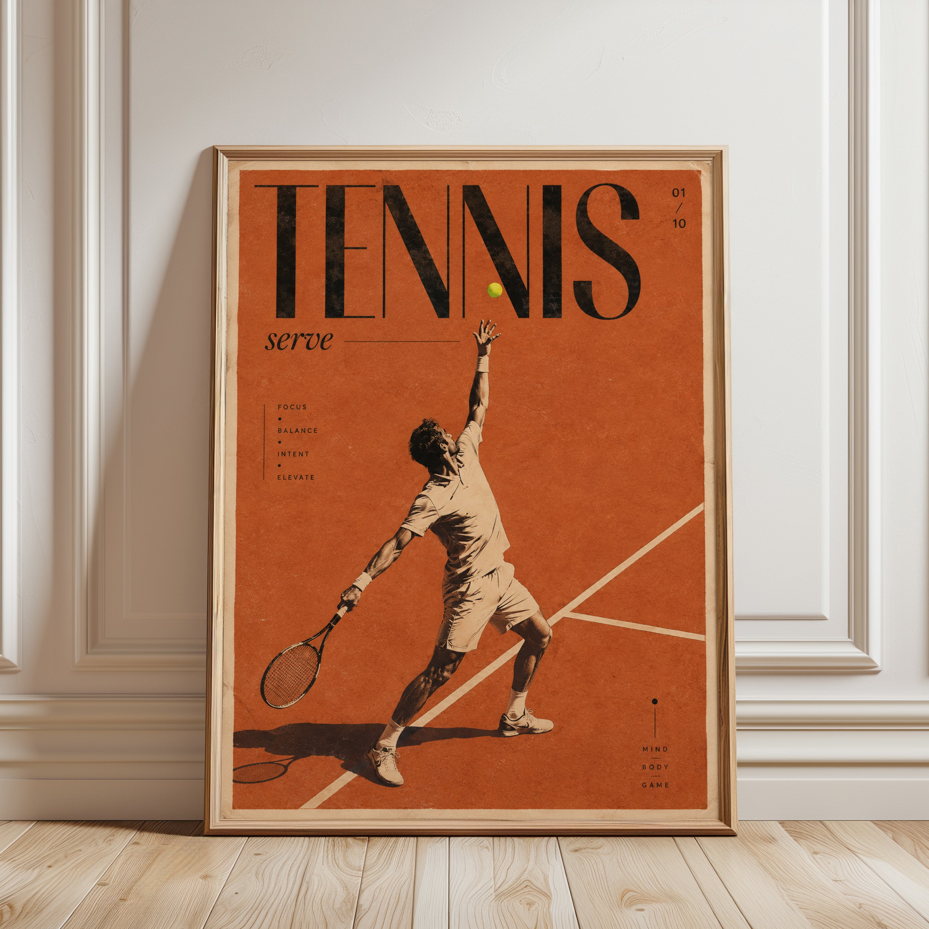 Vintage Tennis Serve Poster: Retro Orange Sports Art Print - framed detail