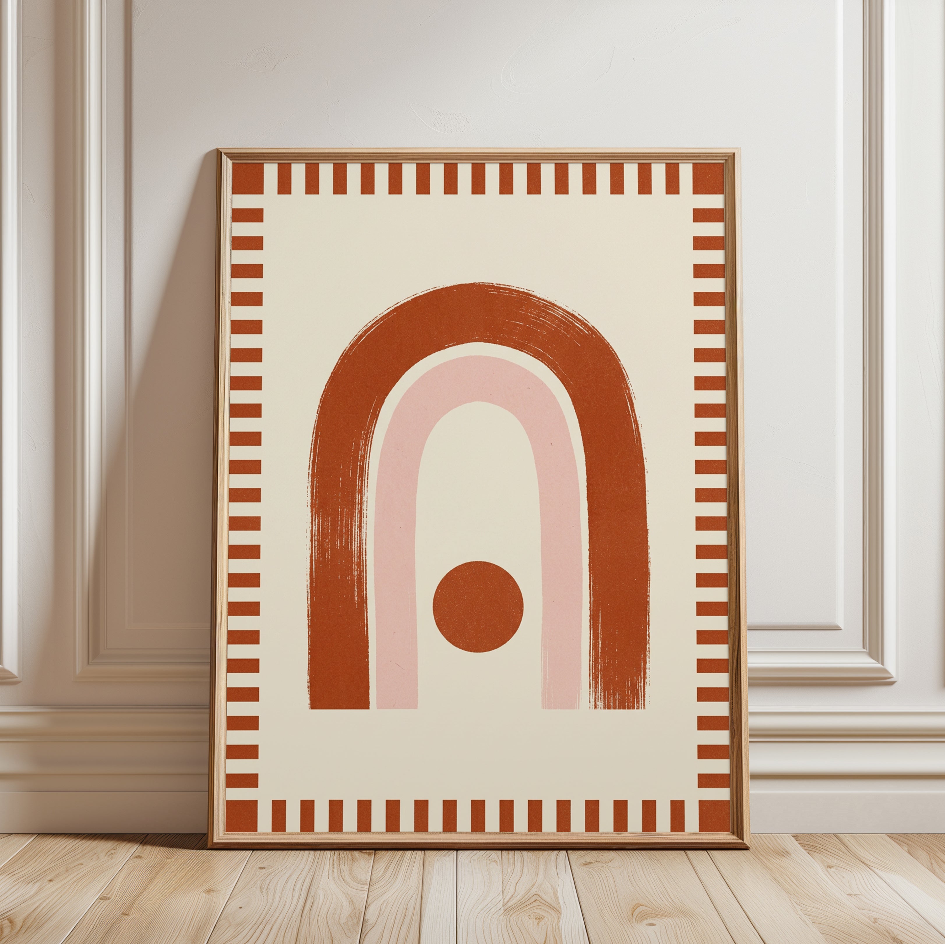 Terracotta Rainbow Wall Art: Mid-Century Modern Geometric Print - framed detail