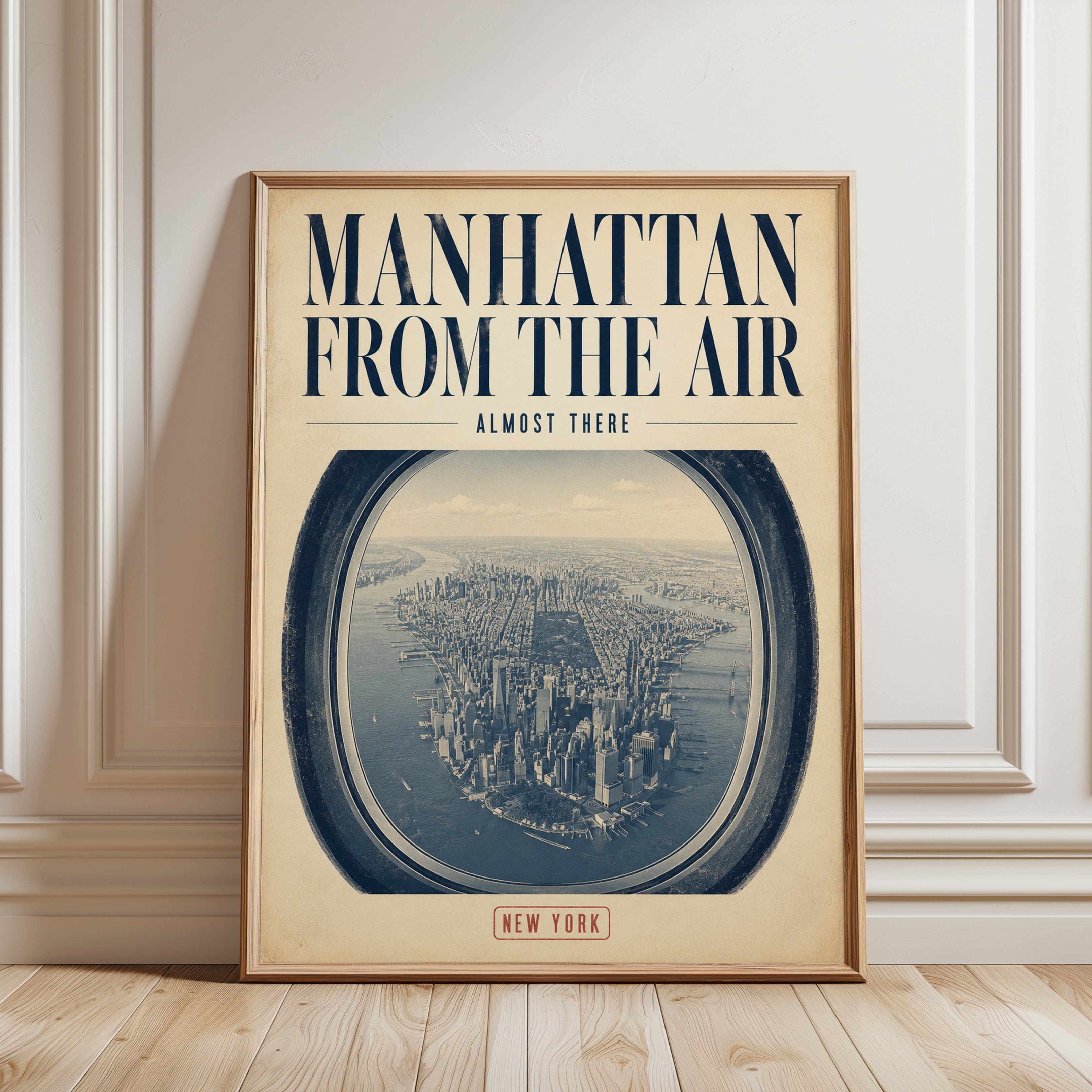 Manhattan Aerial View Poster: Vintage Travel Art Print - framed detail