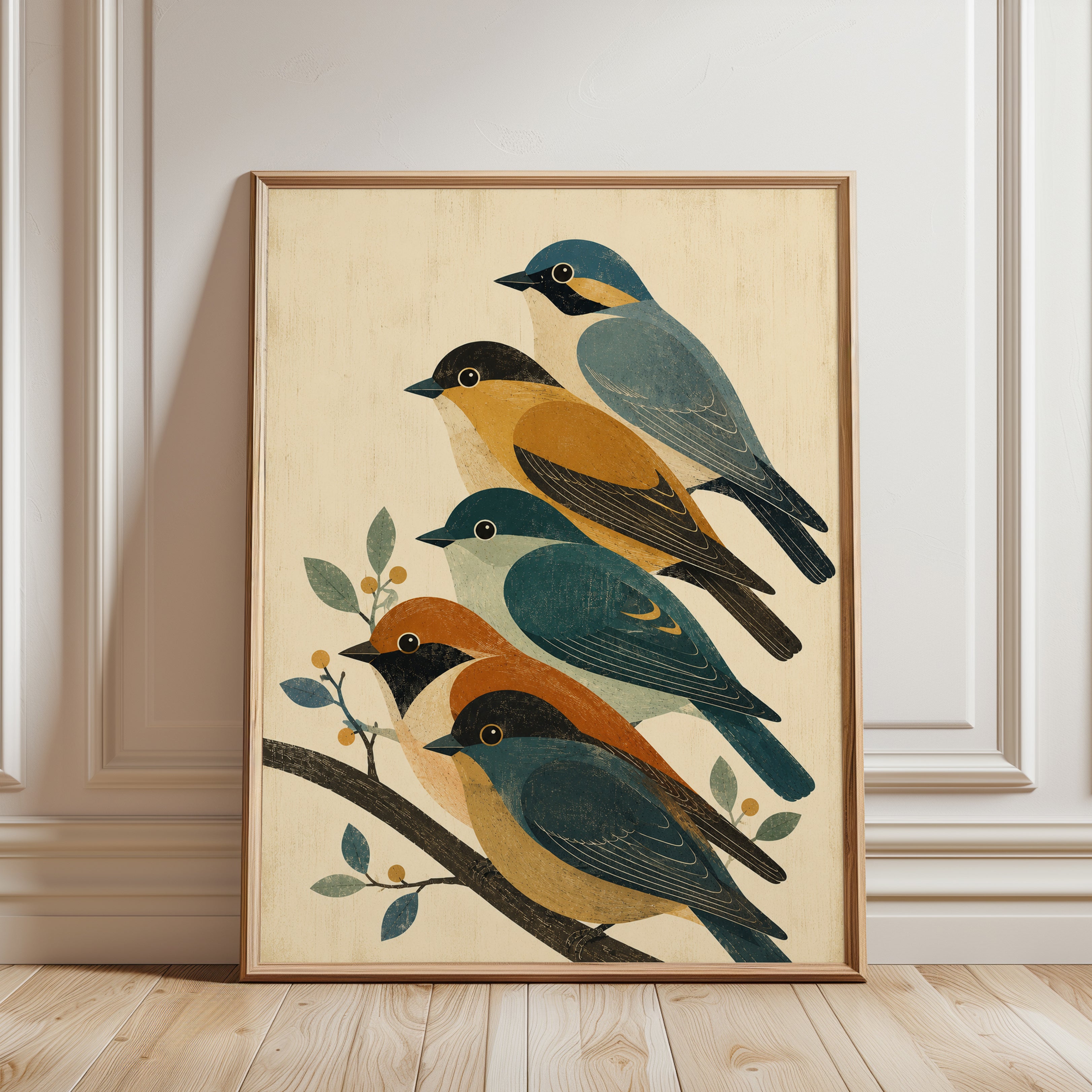 Vintage Bird Illustration Print — Folk Art Style - framed detail