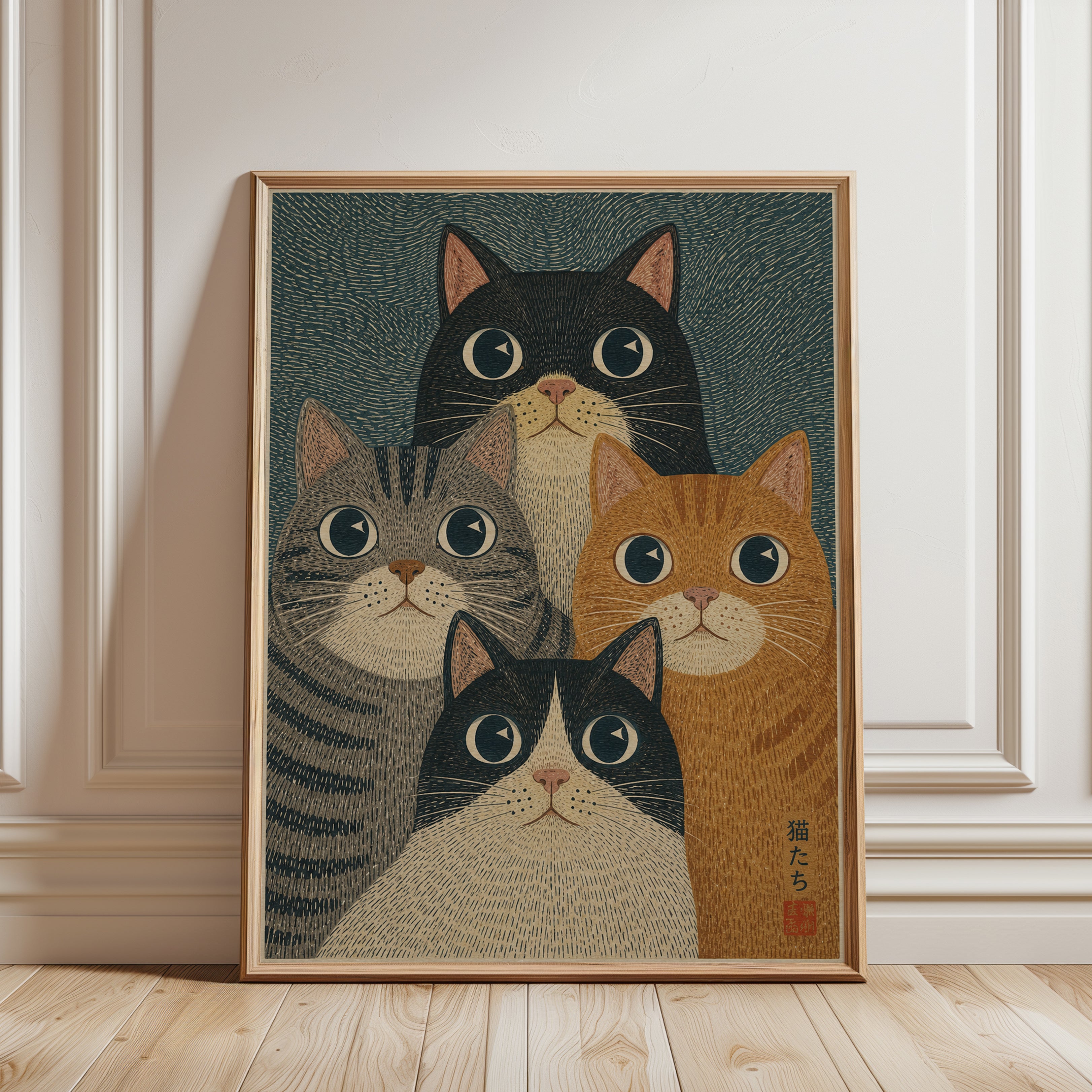 Japanese Folk Art Cat Print - framed detail