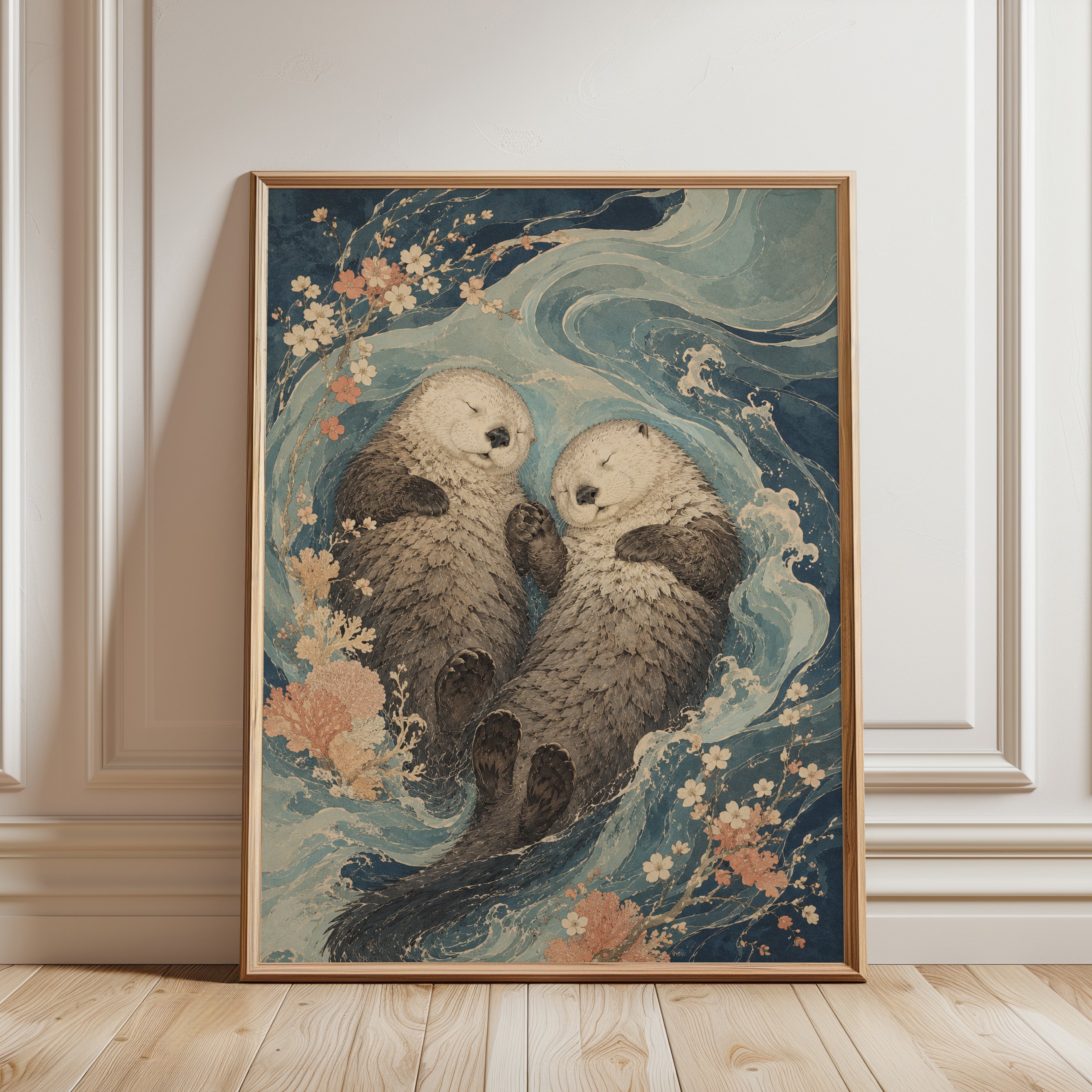 Sea Otters Art Print: Japanese Woodblock Style with Cherry Blossoms - framed detail