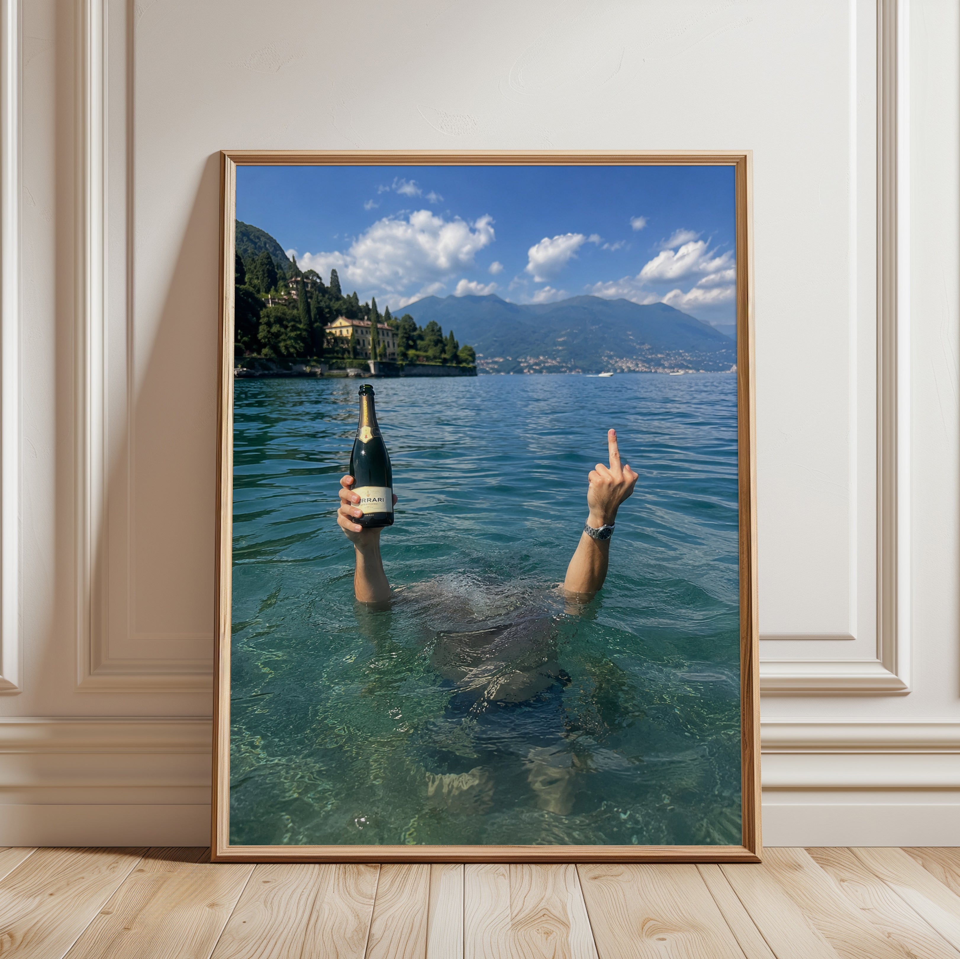 Italian Lake Life Wall Art: Champagne and Mountain Vista - framed detail