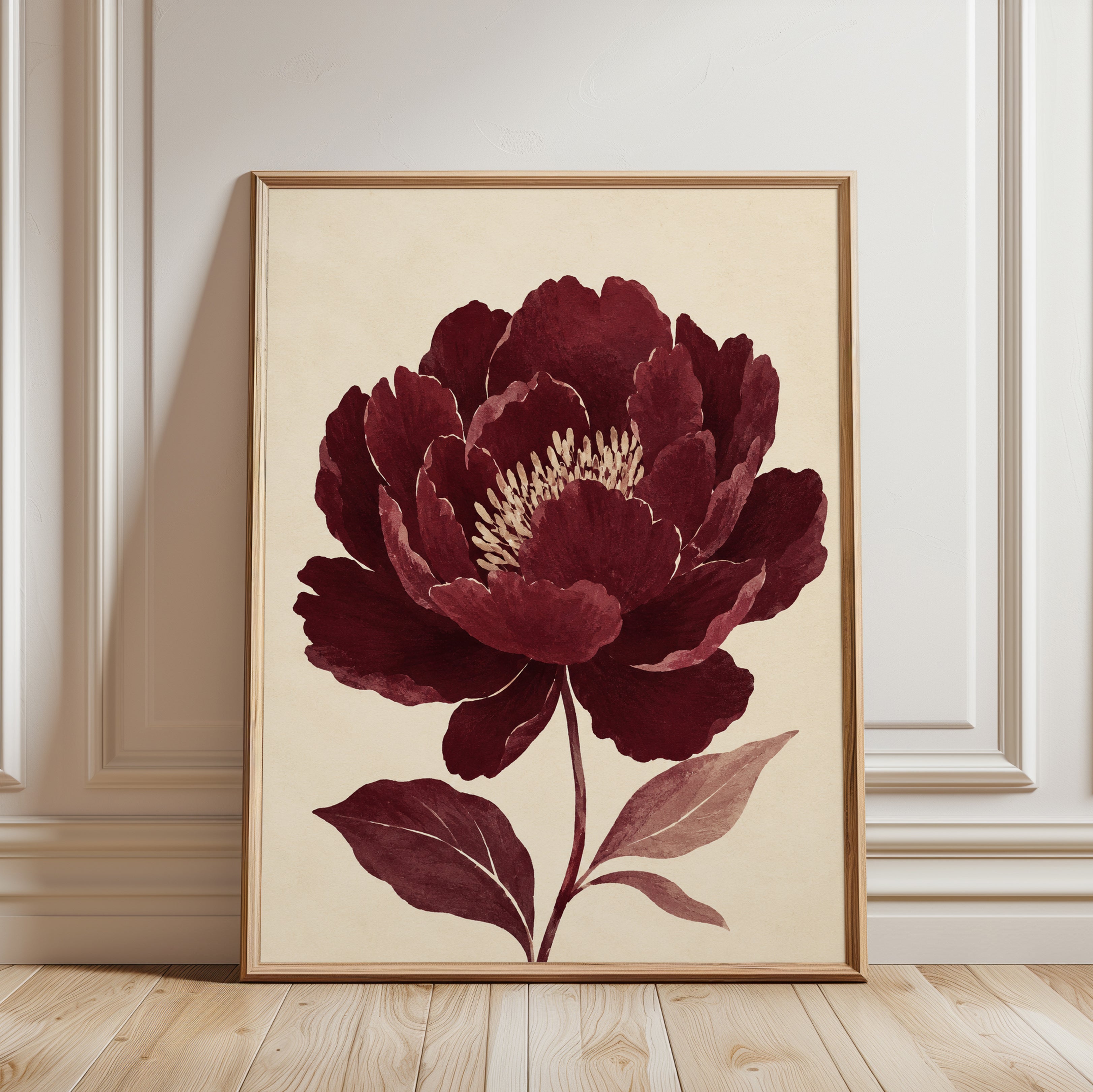 Burgundy Peony Wall Art – Vintage Botanical Print - framed detail