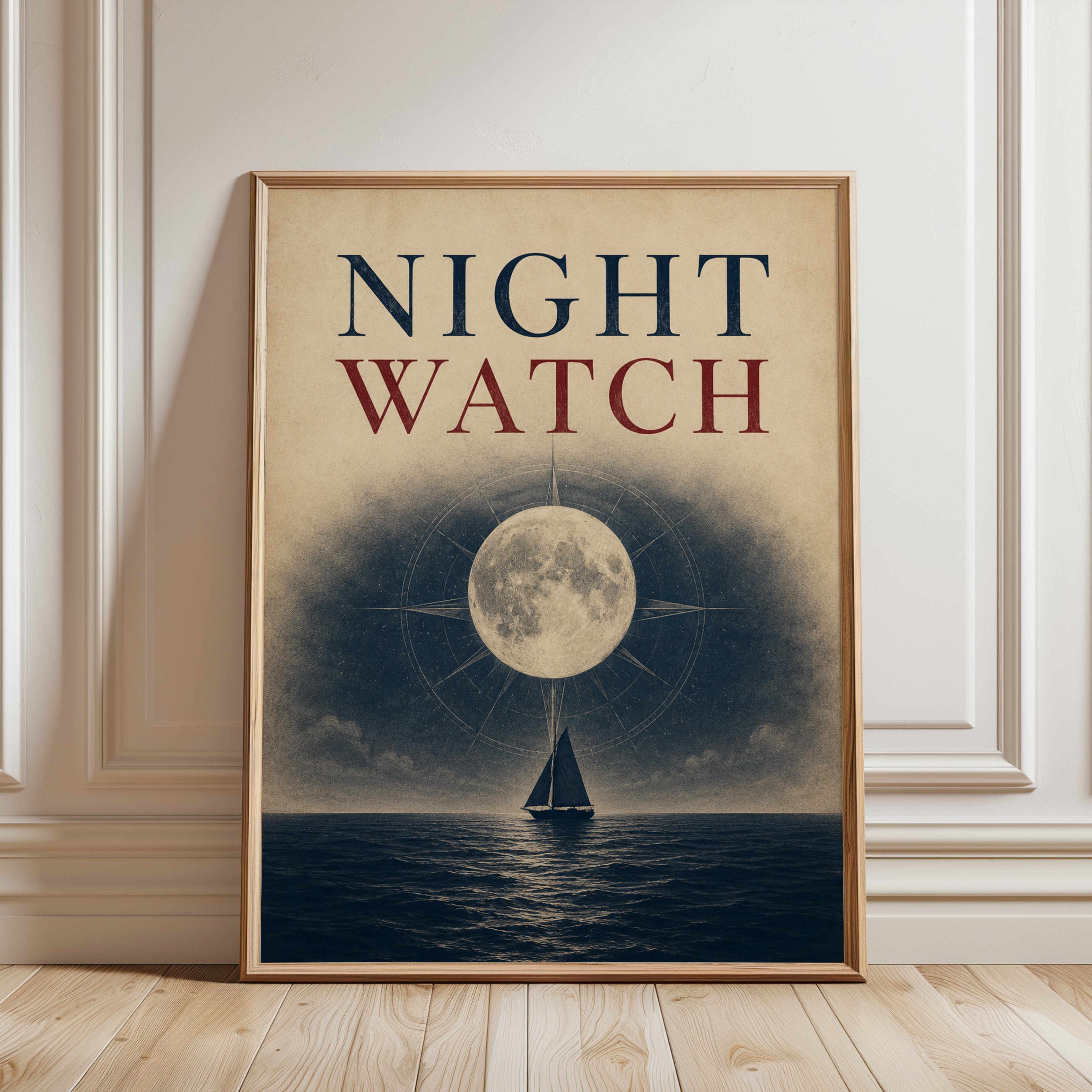 Nautical Moon Wall Art – Sailboat Print - framed detail