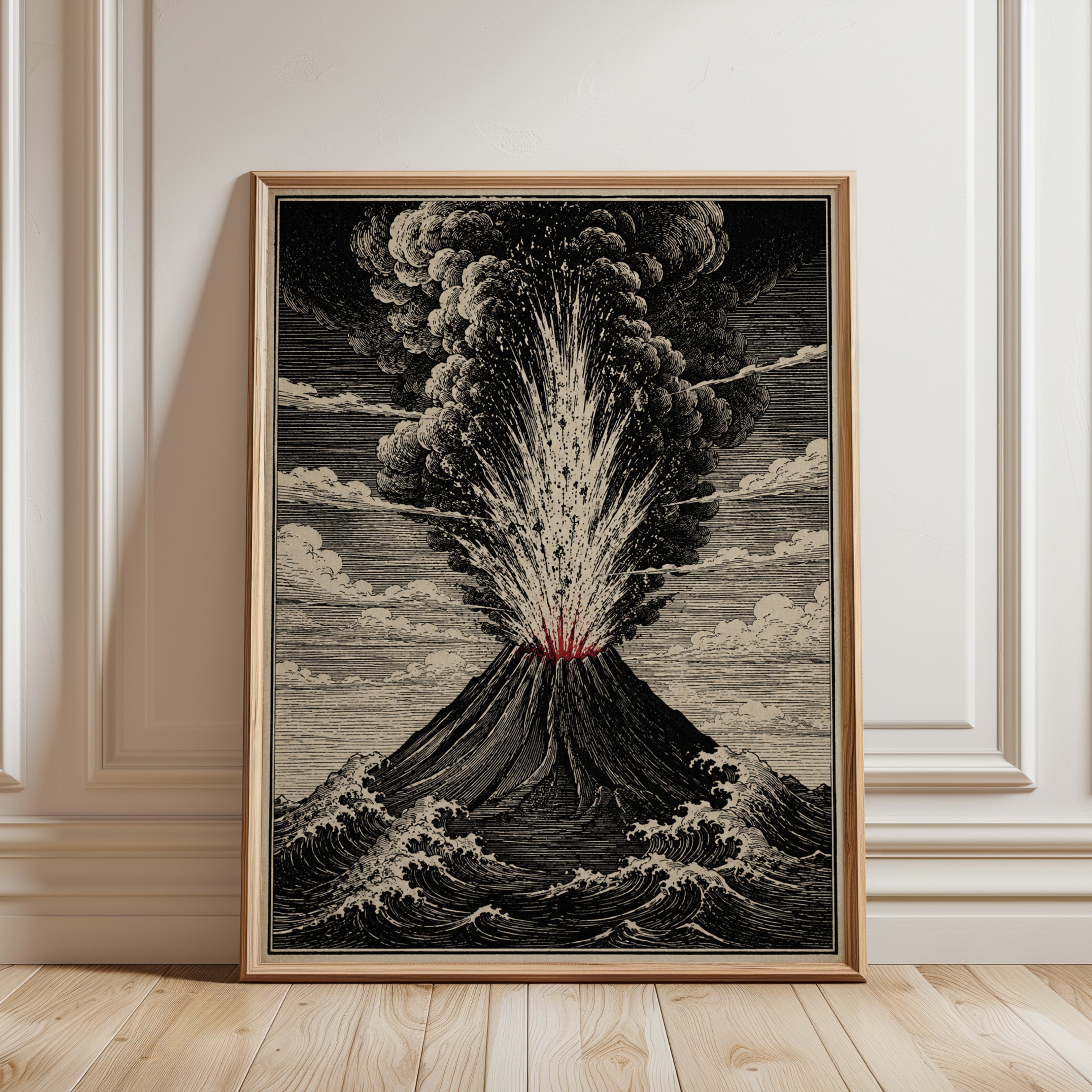 Volcanic Eruption Engraving: Vintage Scientific Illustration Print - framed detail