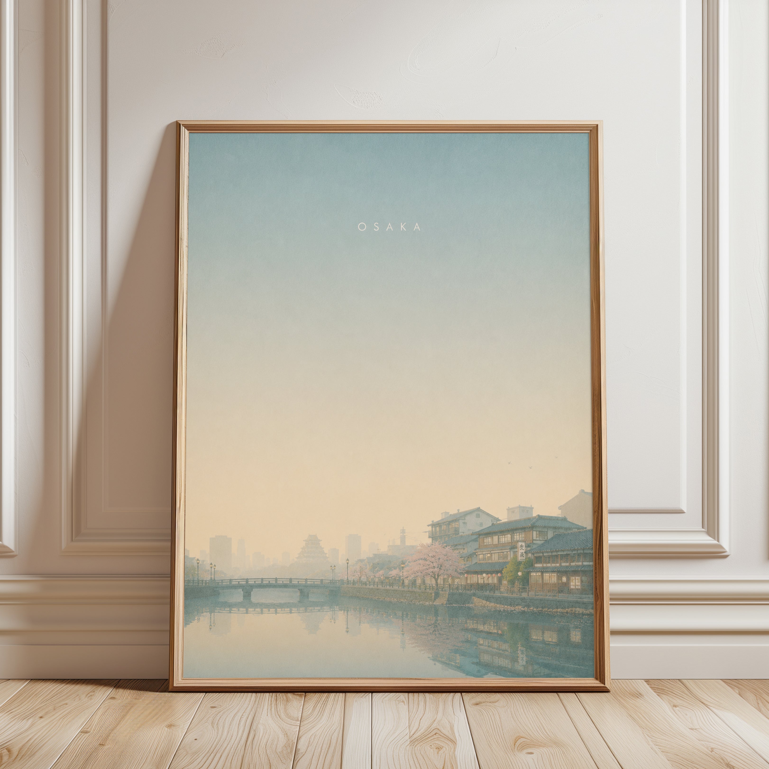 Osaka Cherry Blossom River View: Minimalist Japanese Art Print - framed detail