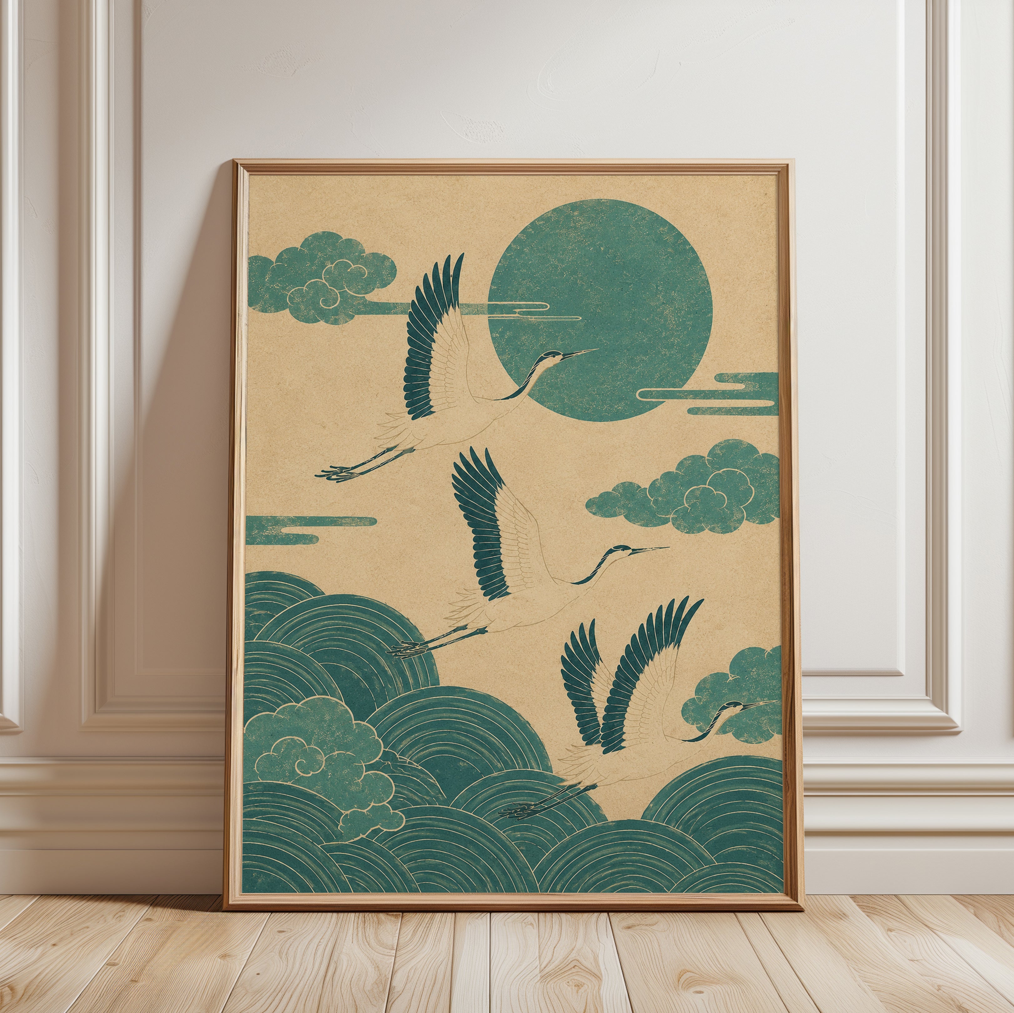 Japanese Crane Art Print – Teal and Gold - framed detail