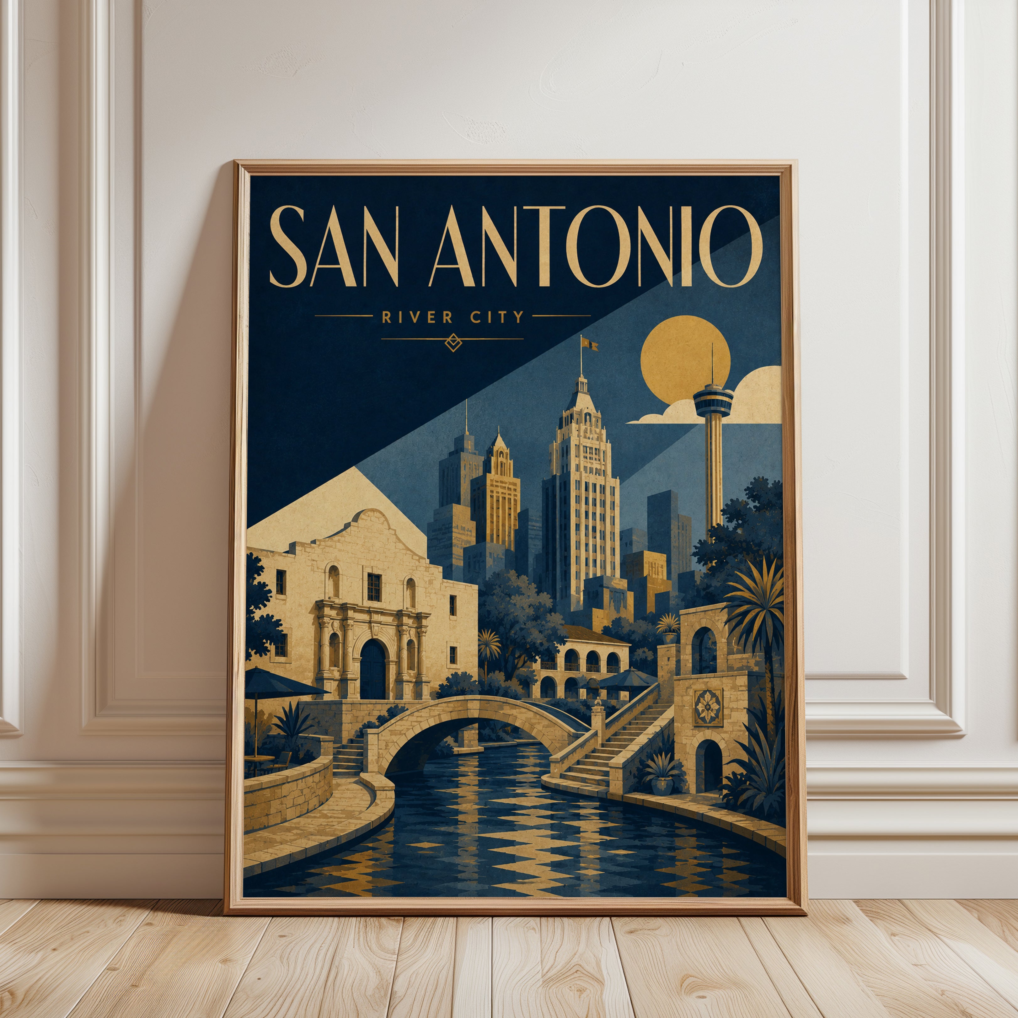 San Antonio Travel Poster: Art Deco River City Skyline Print - framed detail