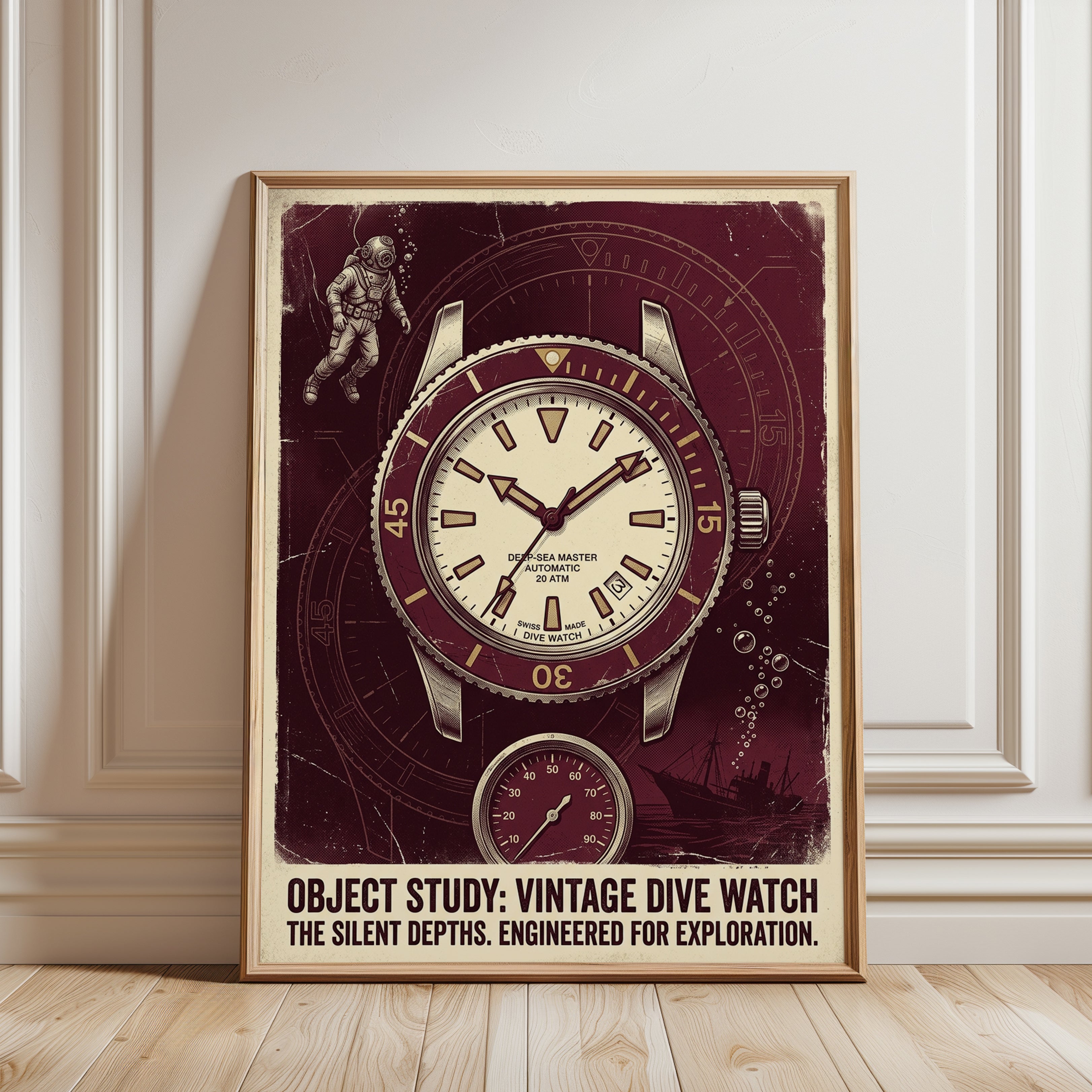 Vintage Dive Watch Poster: Retro Burgundy Technical Illustration - framed detail