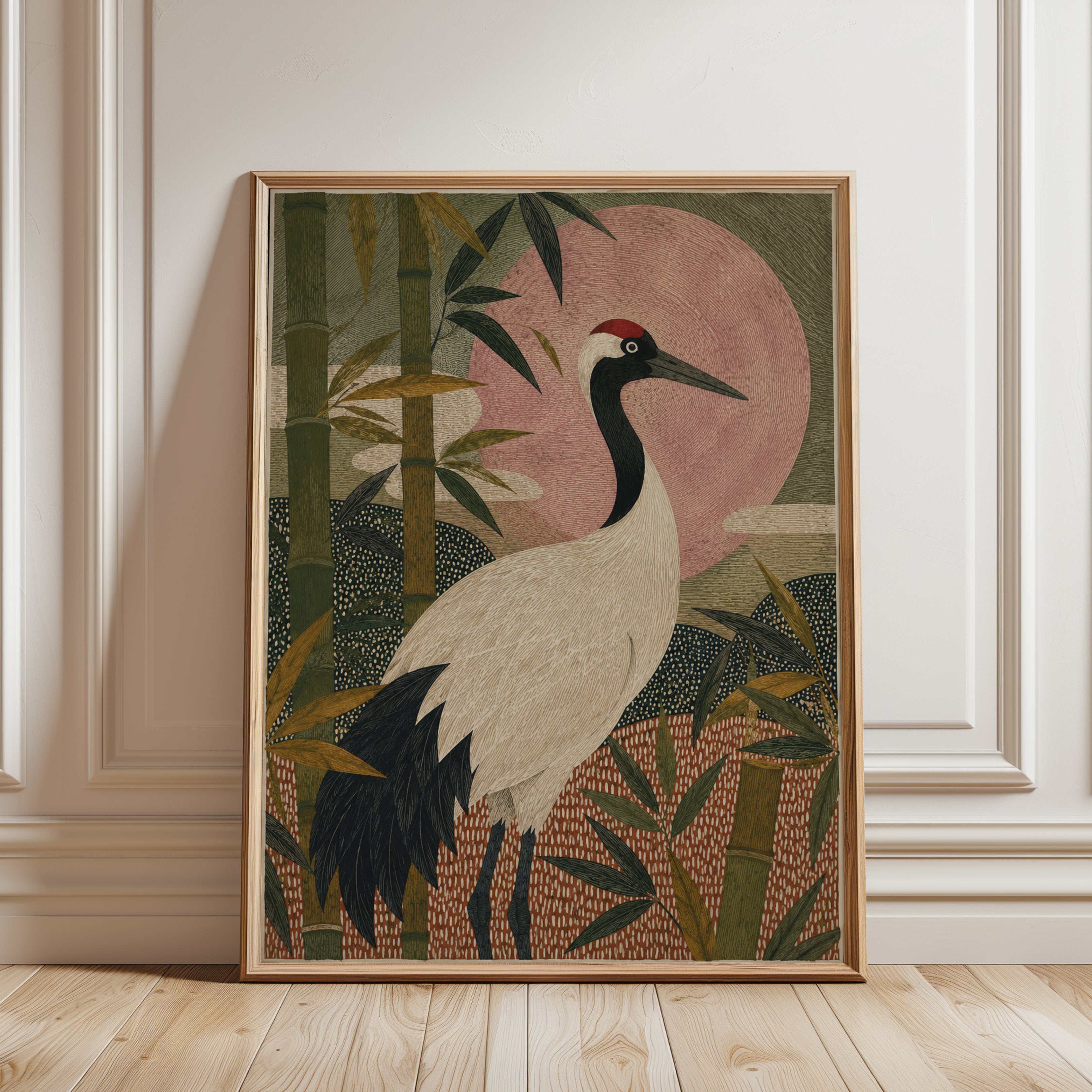Japanese Crane Print – Asian Bird Wall Art - framed detail