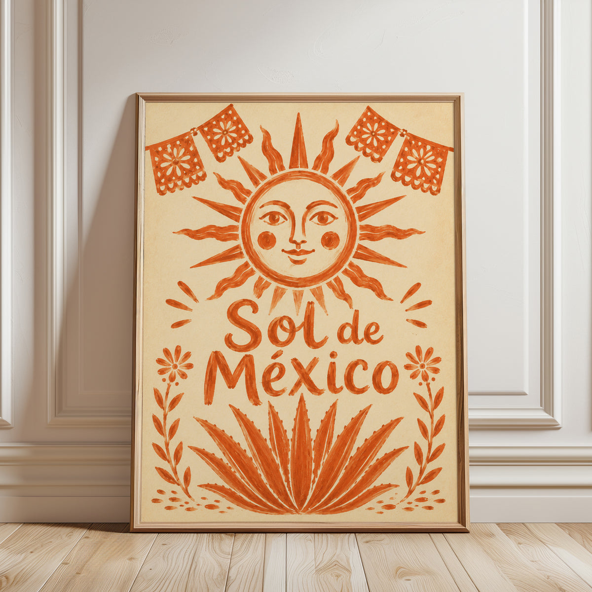 Sol de Mexico Poster: Folk Art Sun Print in Orange and Cream - framed detail