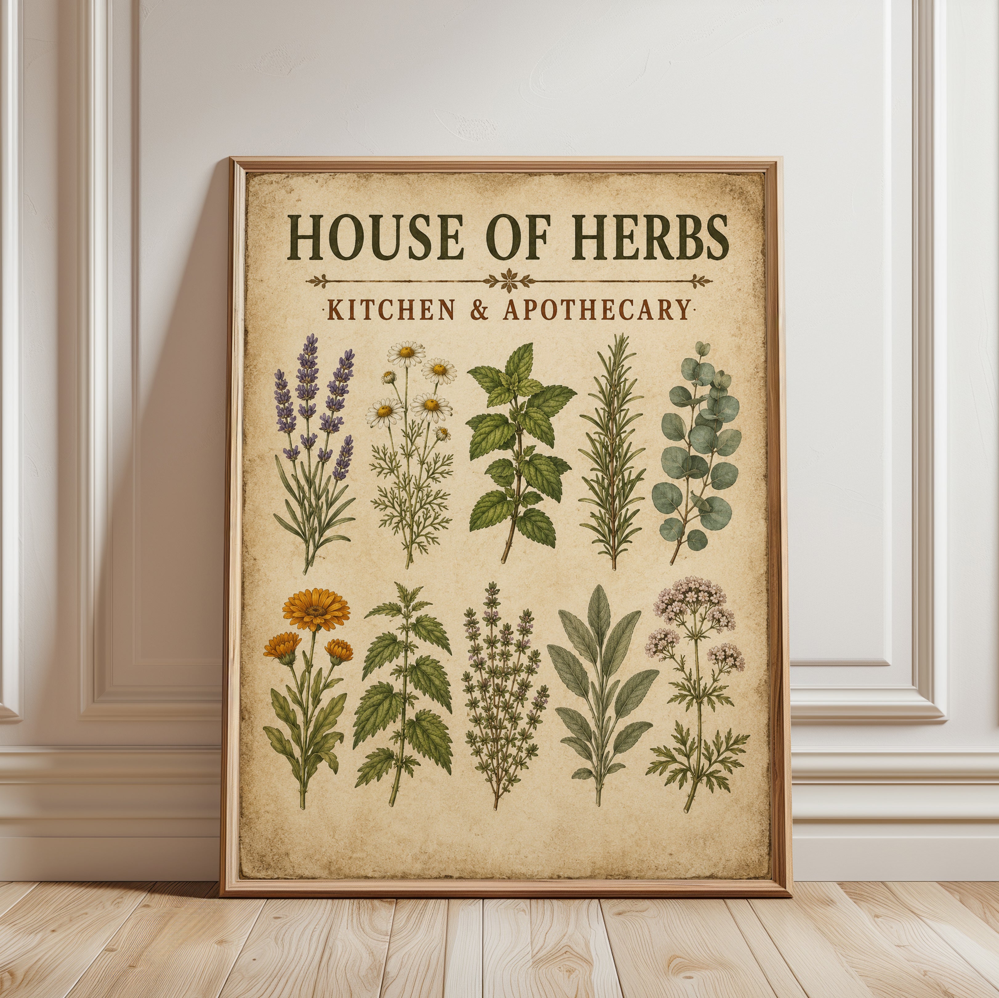House of Herbs Print: Vintage Botanical Wall Art (Kitchen & Dining) - framed detail