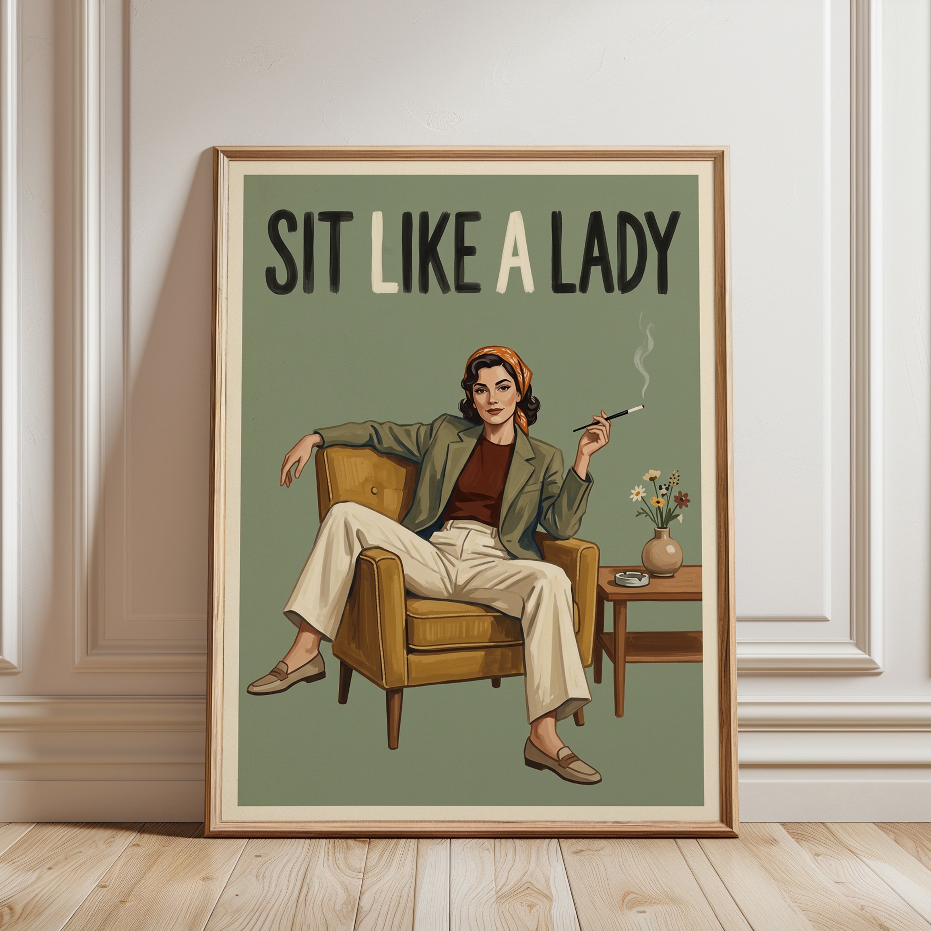 Sit Like a Lady Poster: Retro Mid-Century Lounge Art Print - framed detail