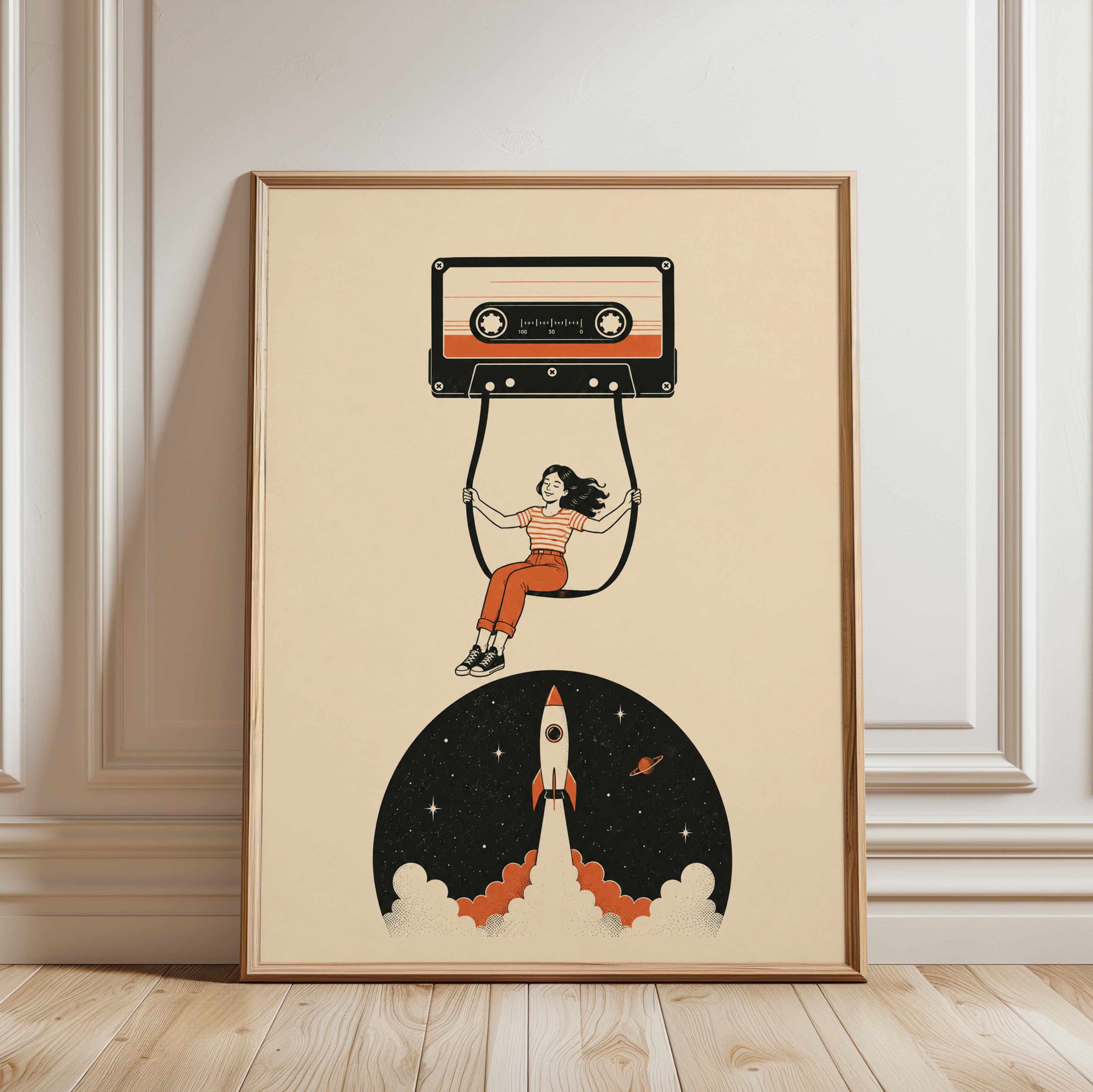 Cassette Tape Wall Art: Nostalgic 80s Music & Rocket Design - framed detail