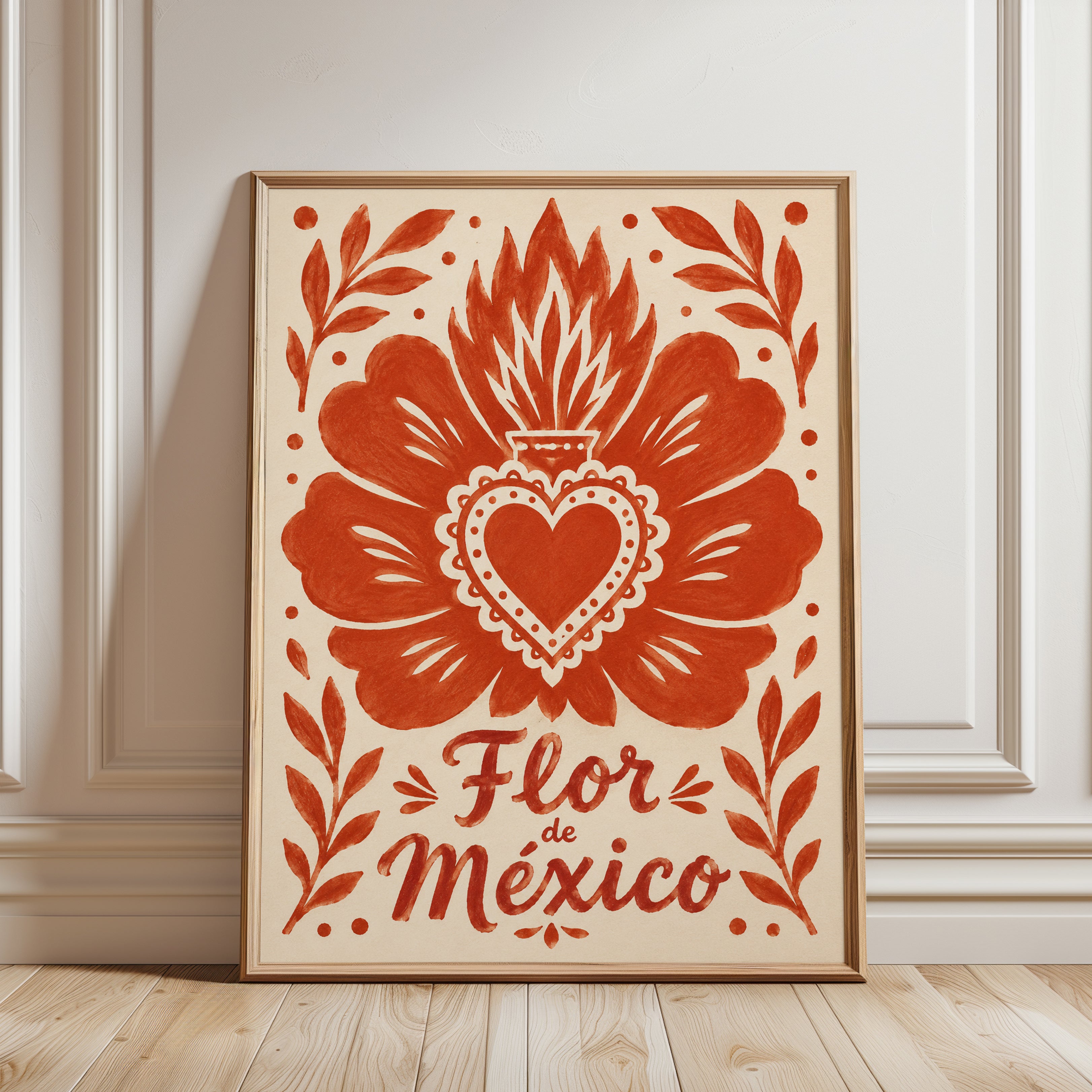 Sacred Heart Flor de Mexico: Folk Art Print in Terracotta Orange - framed detail