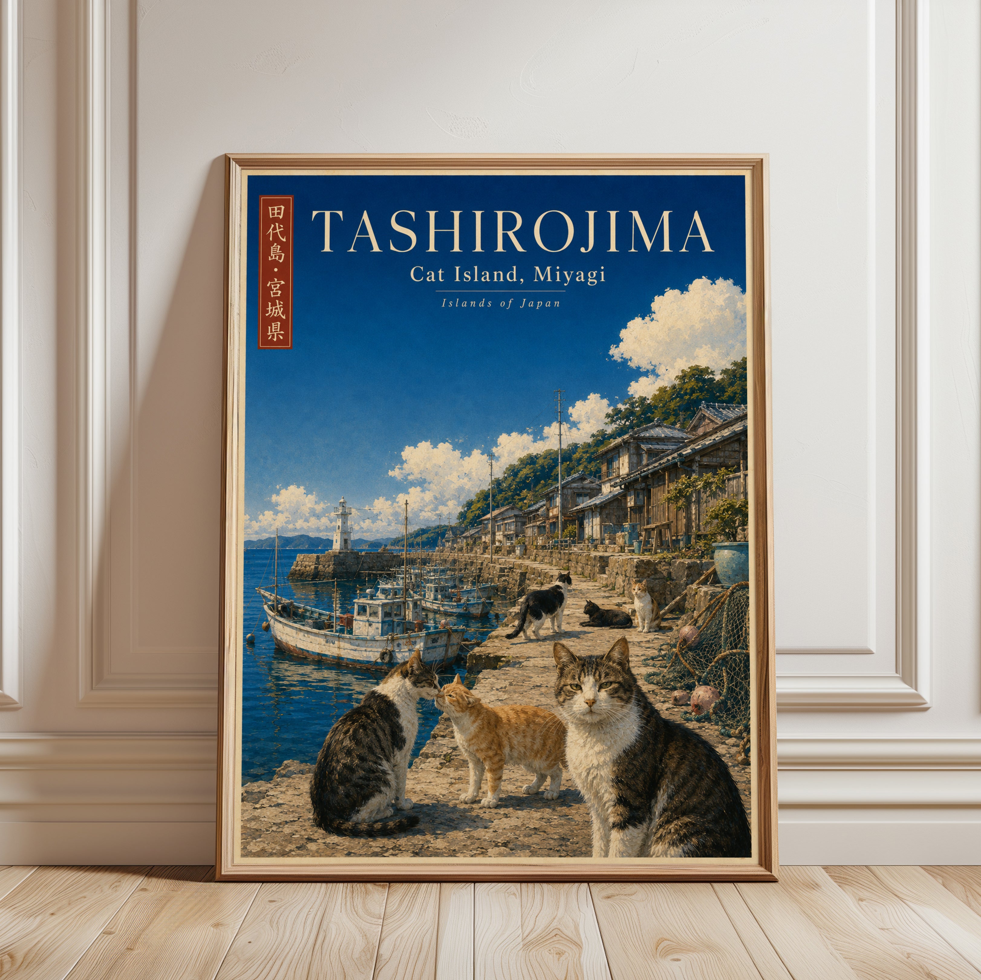 Japanese Cat Island Print: Tashirojima Vintage Travel Poster - framed detail