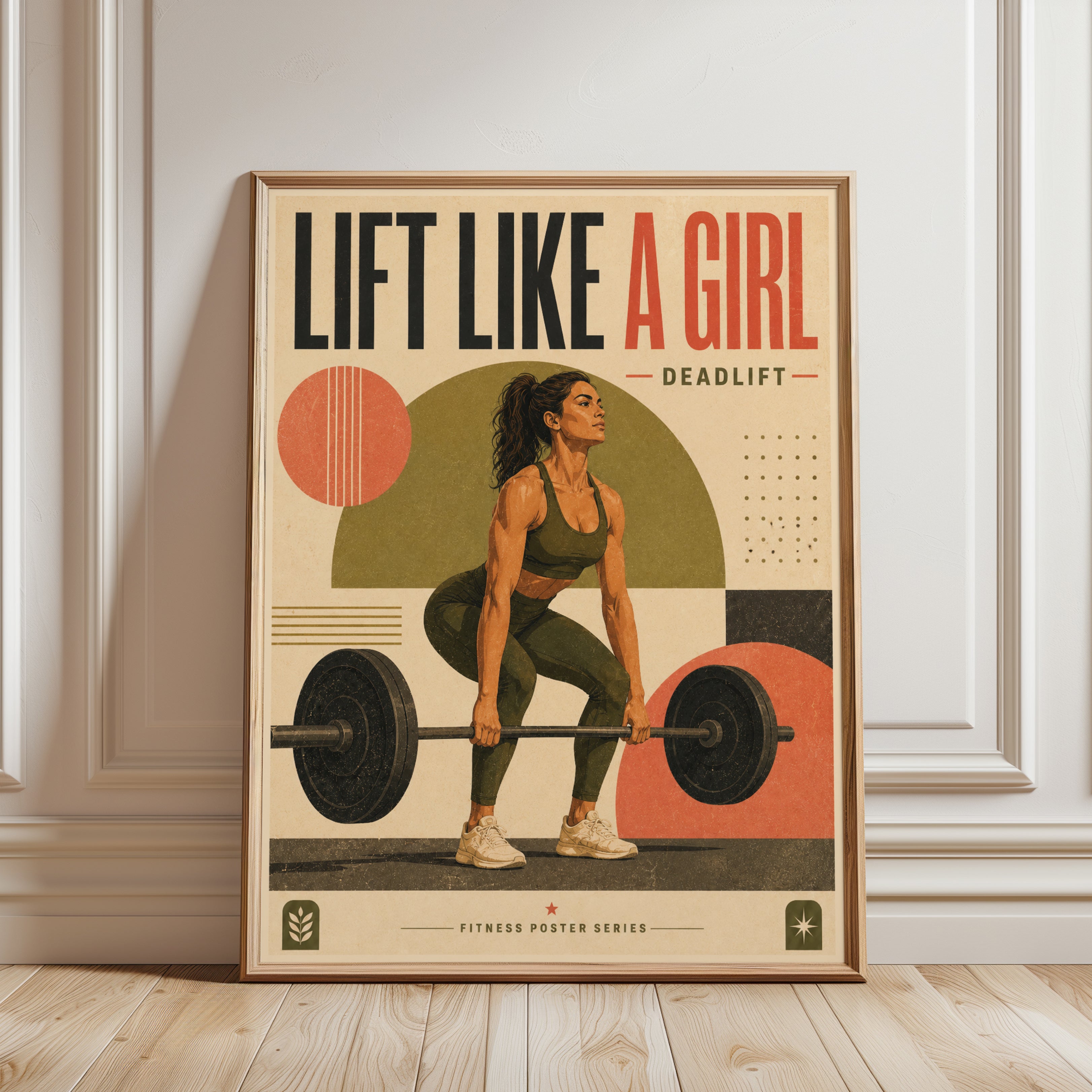 Strong Woman Lifting Wall Art Print — Retro Gym Poster - framed detail