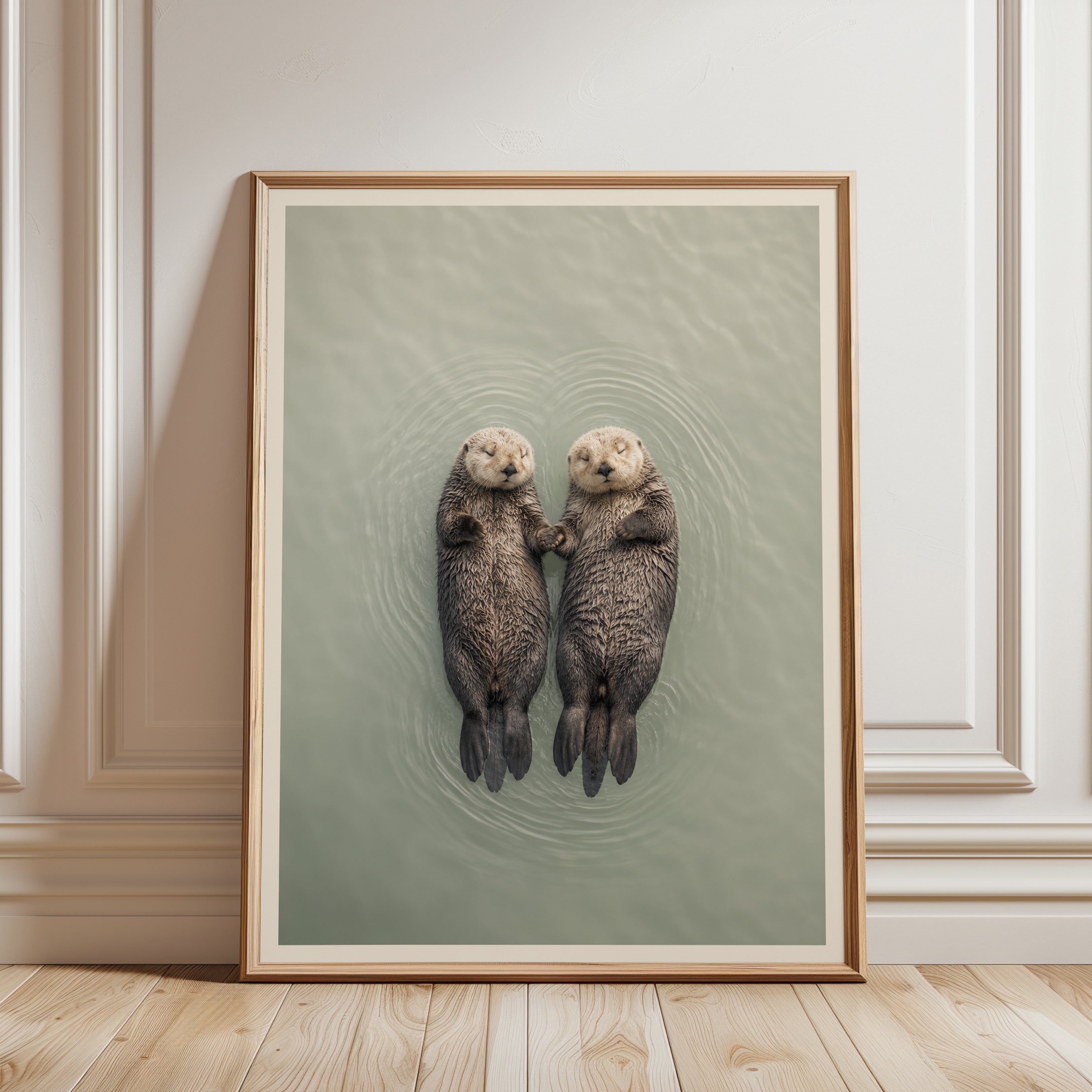 Sea Otter Print — Floating Otters Holding Hands - framed detail