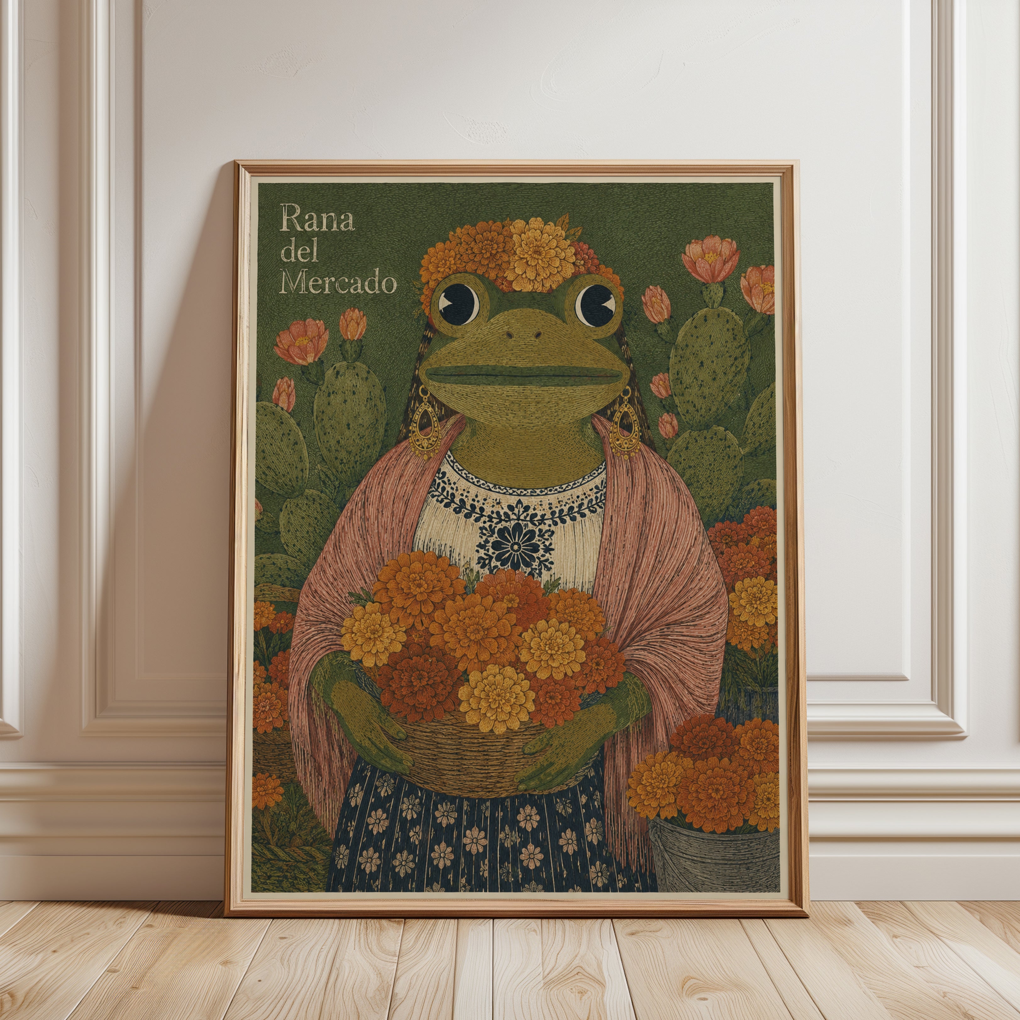 Folk Art Frog Print – Mexican Botanical Wall Art - framed detail