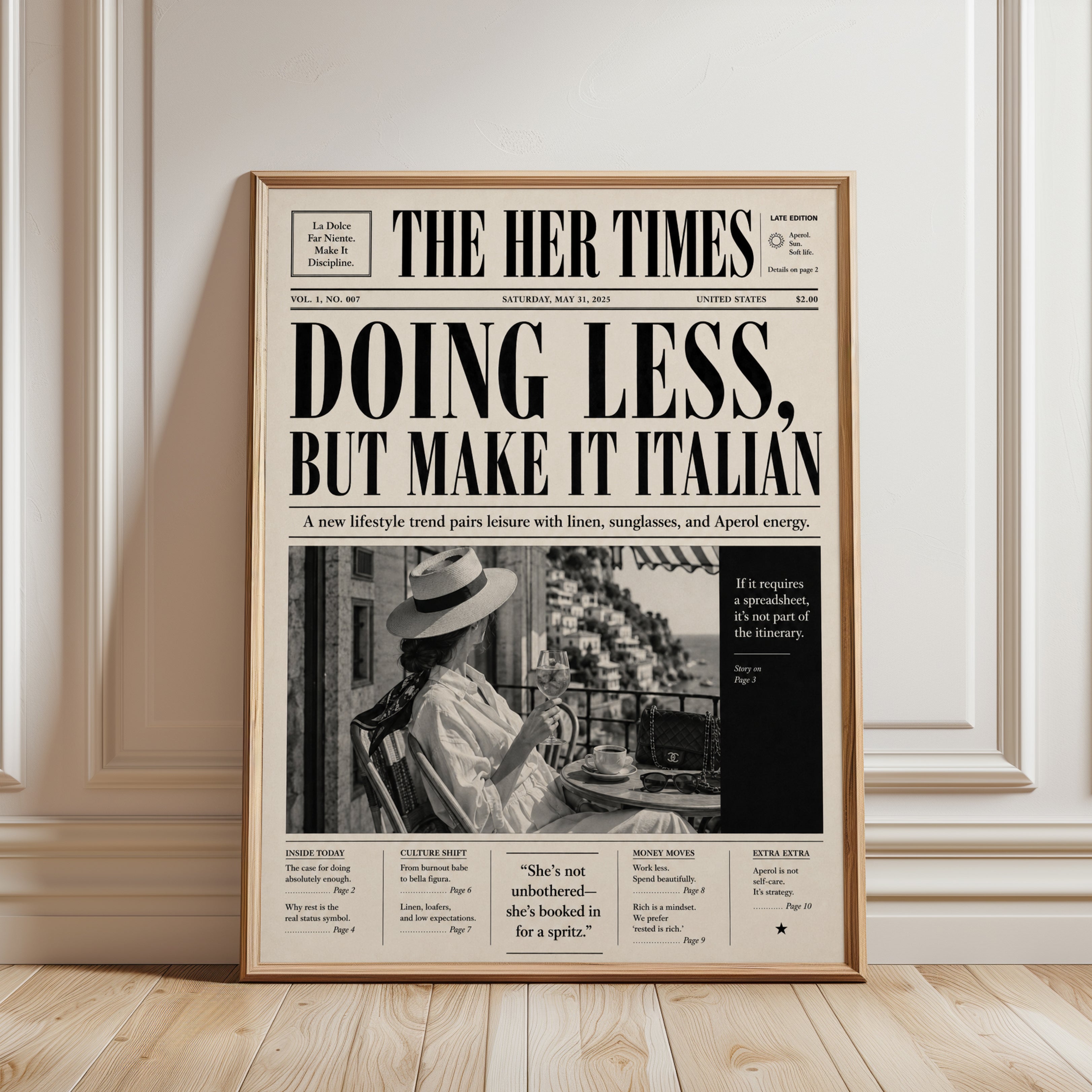 Vintage Newspaper Wall Art: Italian Lifestyle Print - framed detail