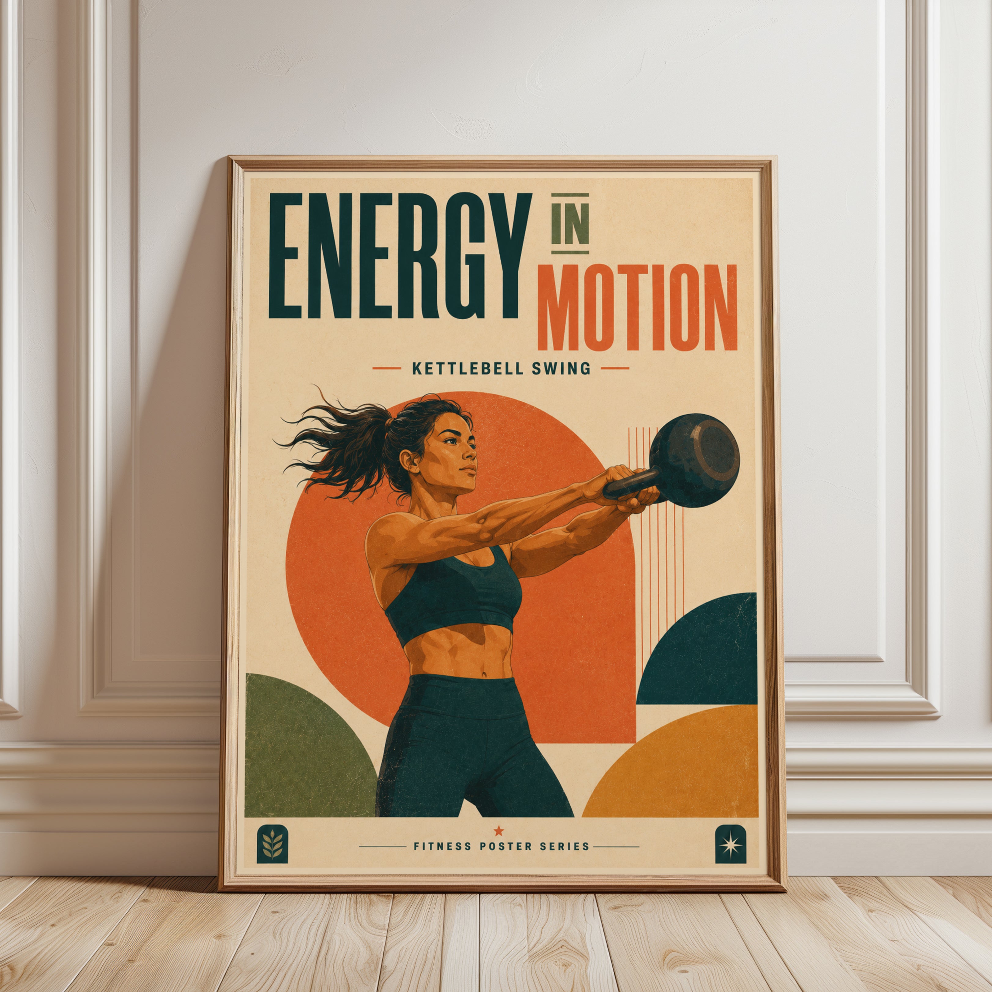 Energy In Motion Kettlebell Poster: Retro Fitness Wall Art - framed detail