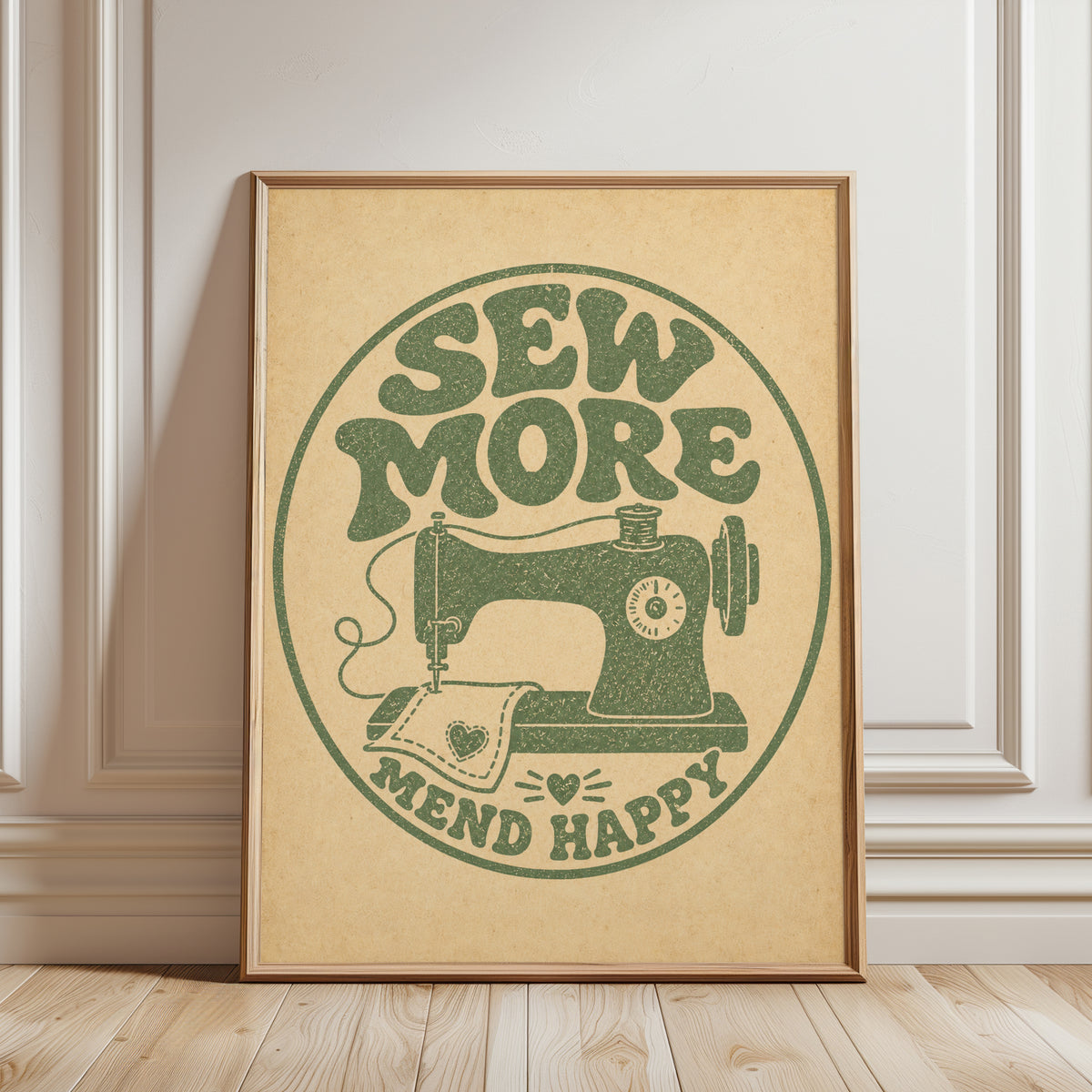 Vintage Sewing Wall Art: Sew More Mend Happy Retro Print - framed detail