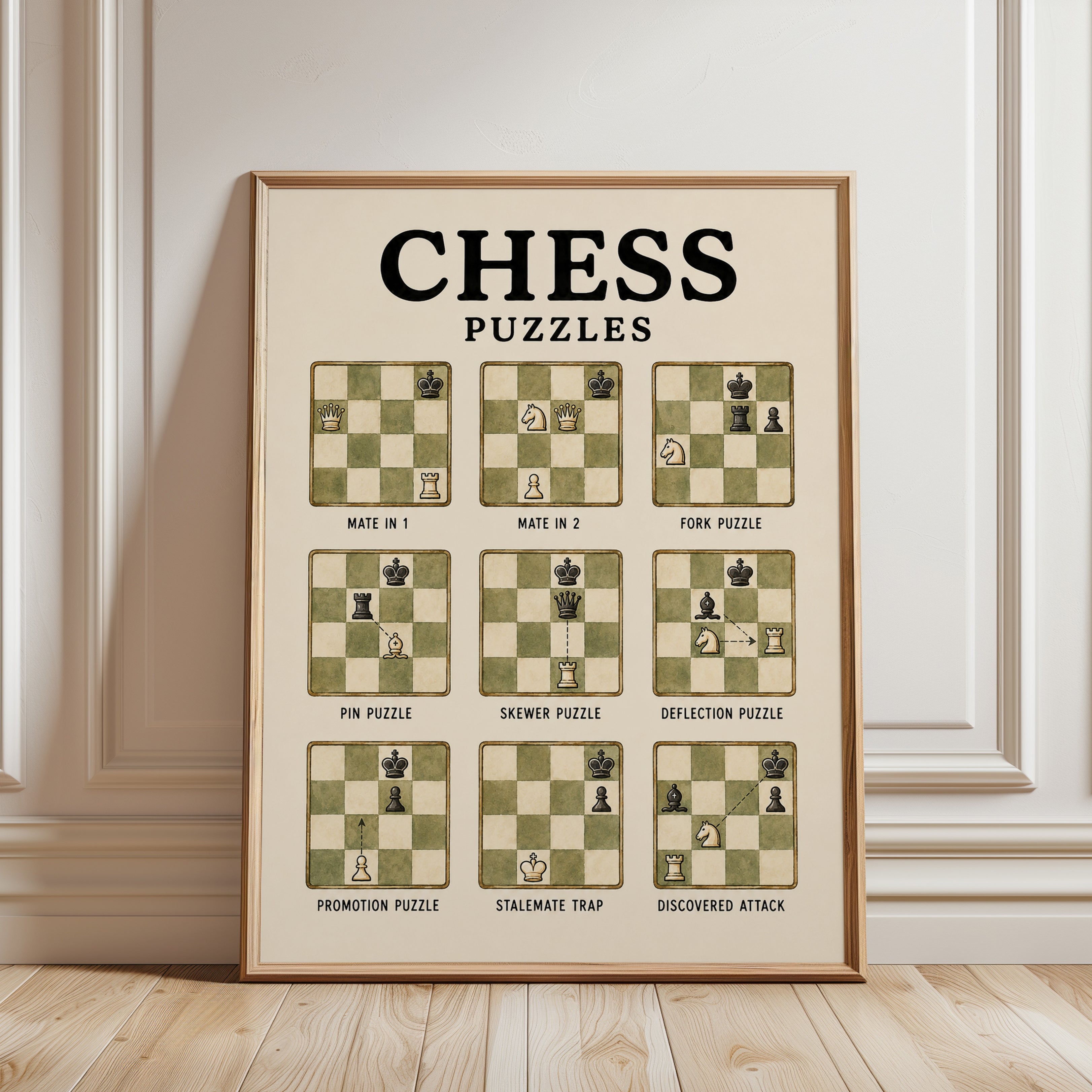 Chess Puzzles Poster: Vintage Educational Game Strategies Print - framed detail