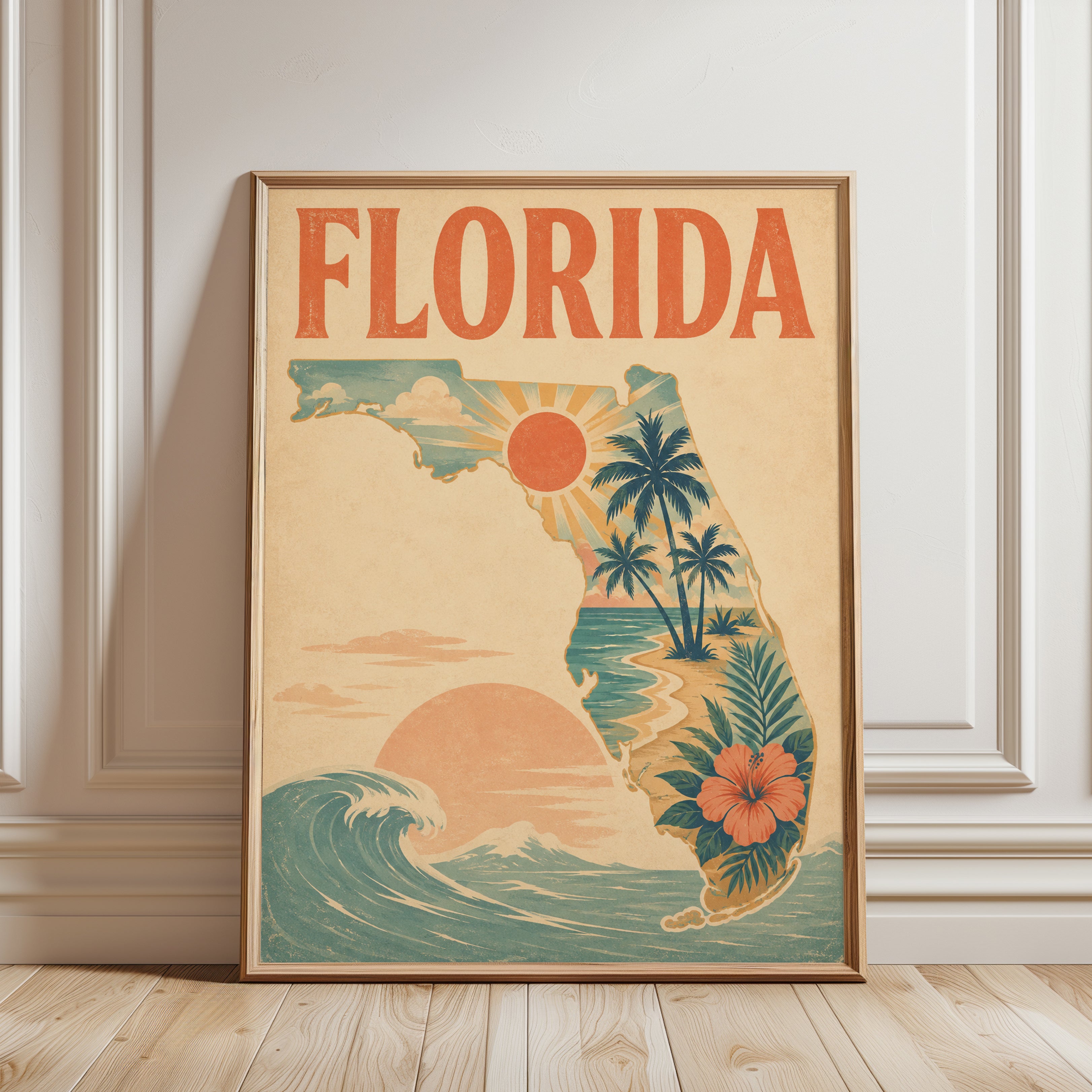 Florida Retro Travel Poster: Vintage Palm Tree Beach Art Print - framed detail