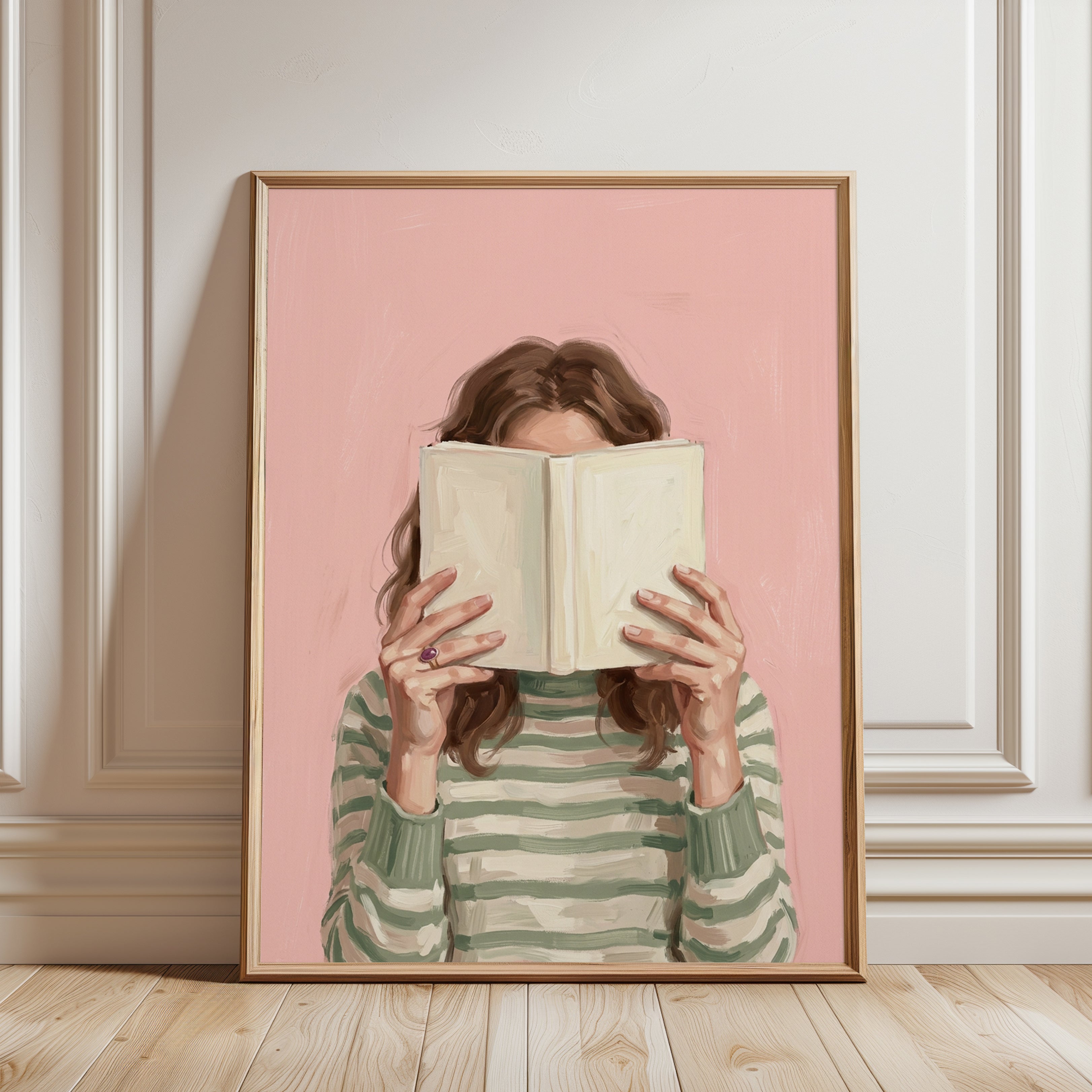 Woman Reading Book Art Print: Contemporary Pink Portrait - framed detail