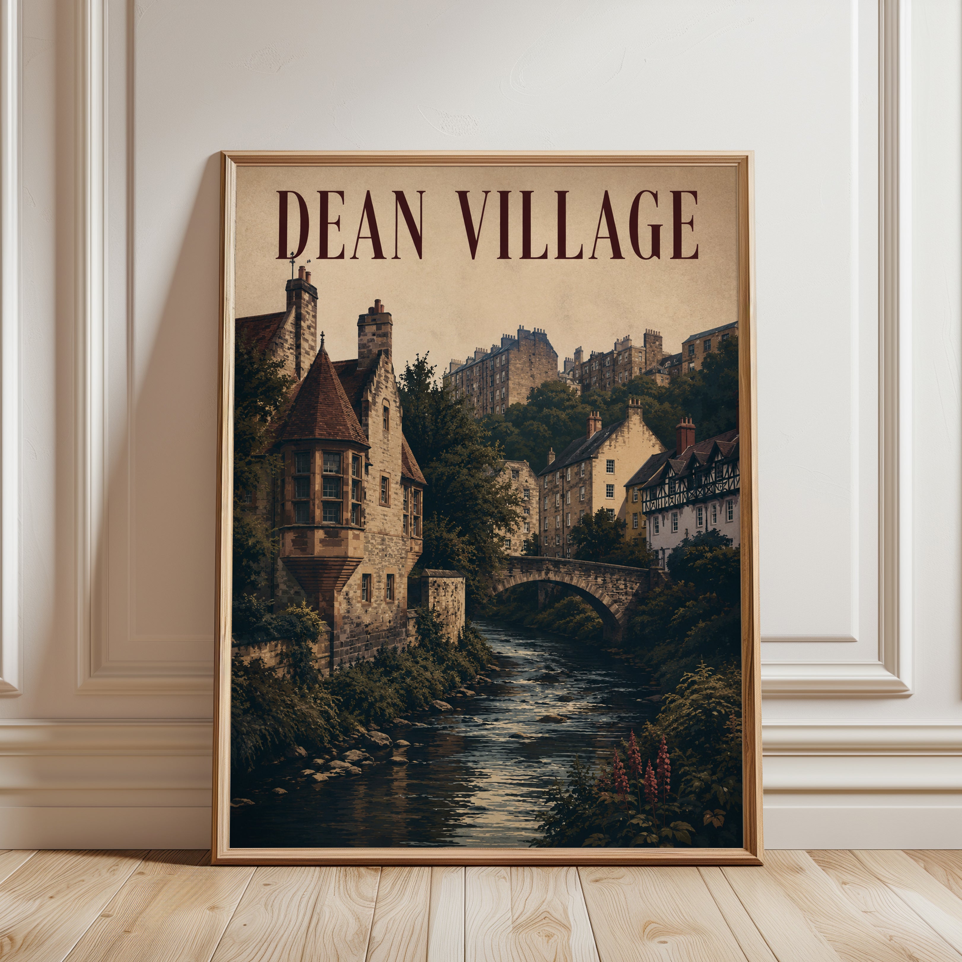 Dean Village Edinburgh Print: Historic Stone Bridge River Scene - framed detail